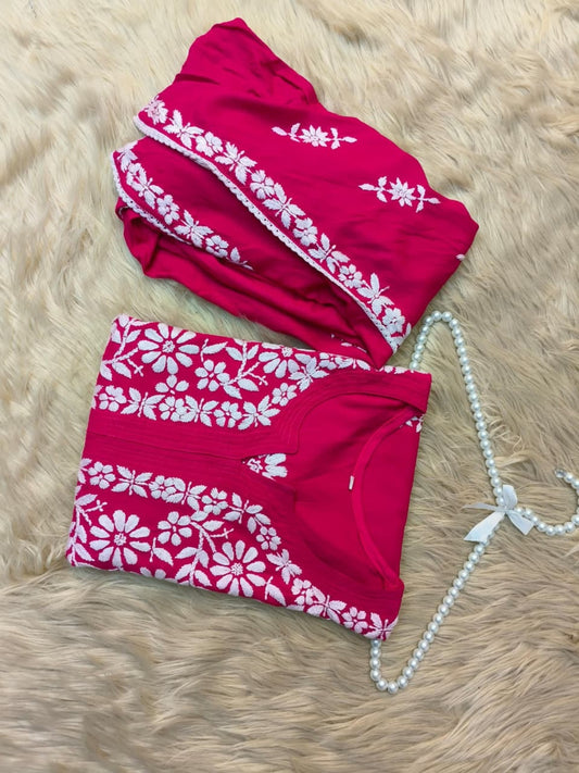 Rani pink rayon Lucknow Chikankari kurta with matching dhoti set, hand-embroidered and premium quality.