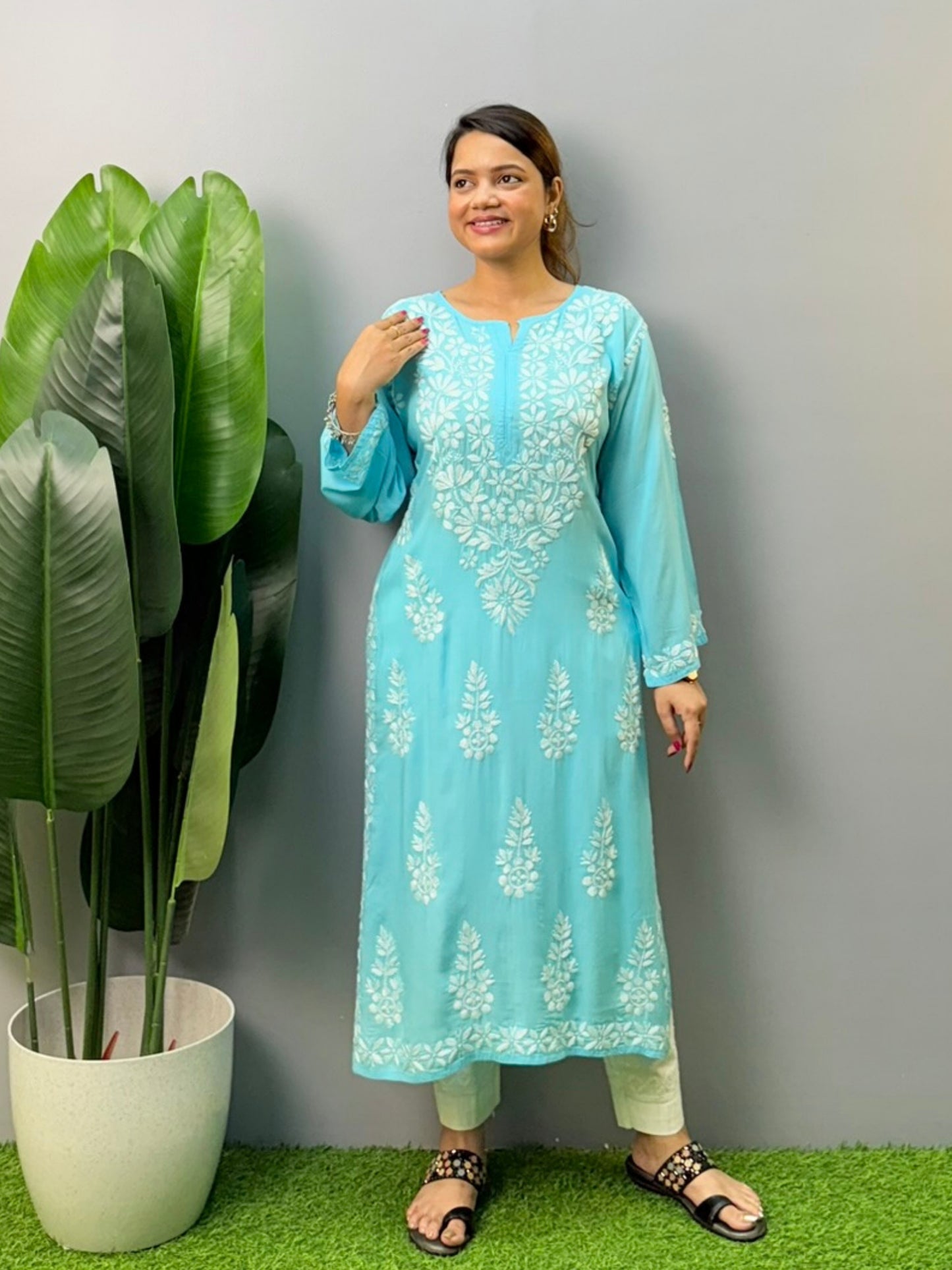 Turquoise blue modal Chikankari kurta with white hand embroidery – soft and elegant ethnic wear for women