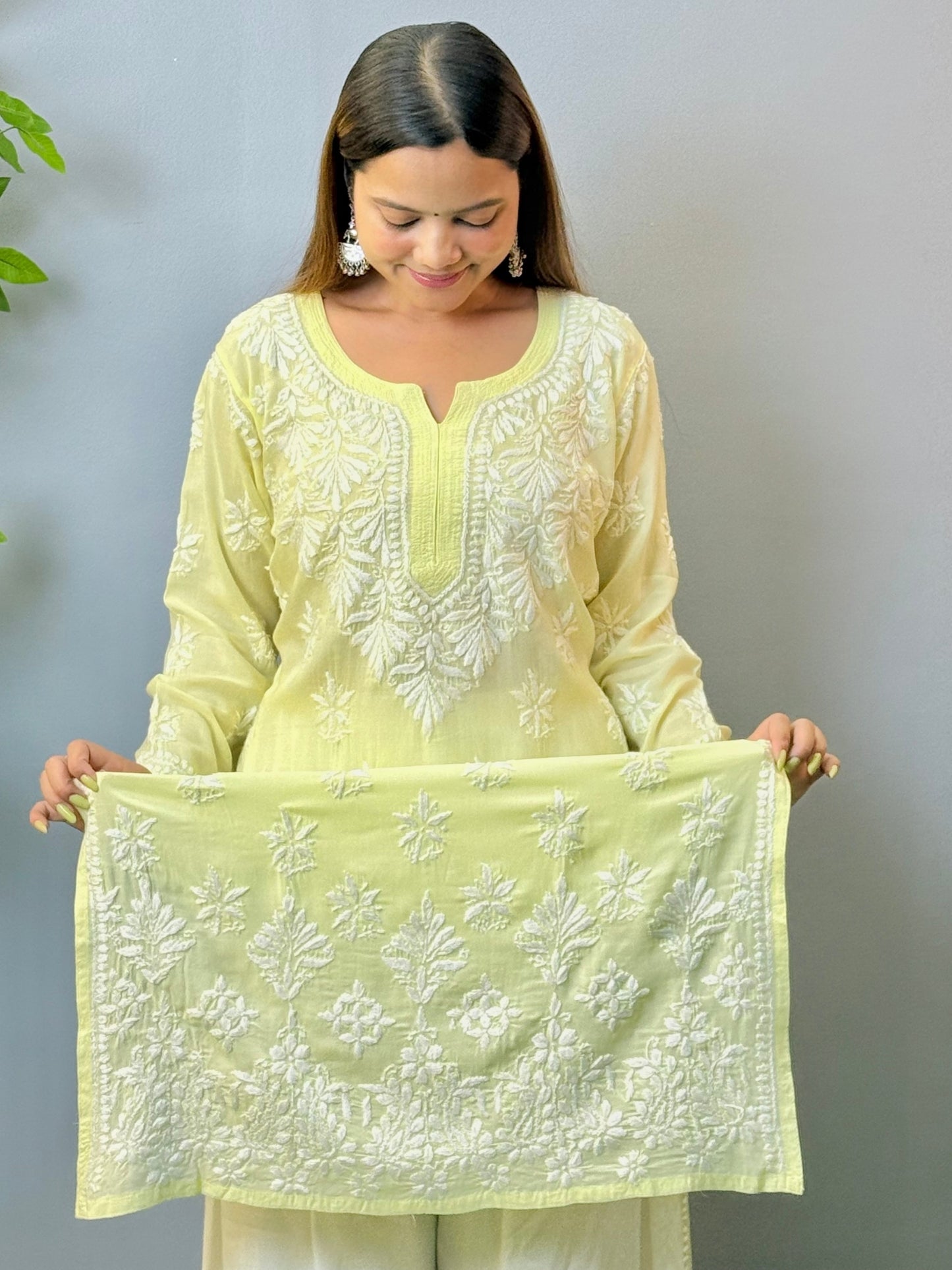Yellow Lucknow Chikankari Kurta in modal fabric with white hand embroidery