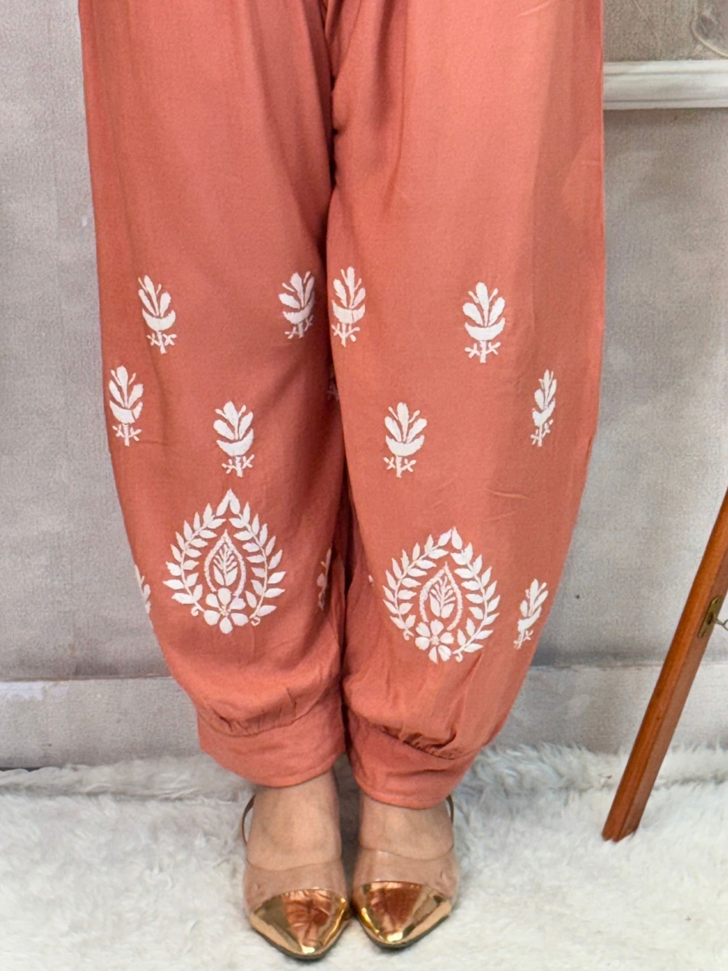 Peach rayon chikankari kurta and Afghani pant set with white hand embroidery – soft and comfortable