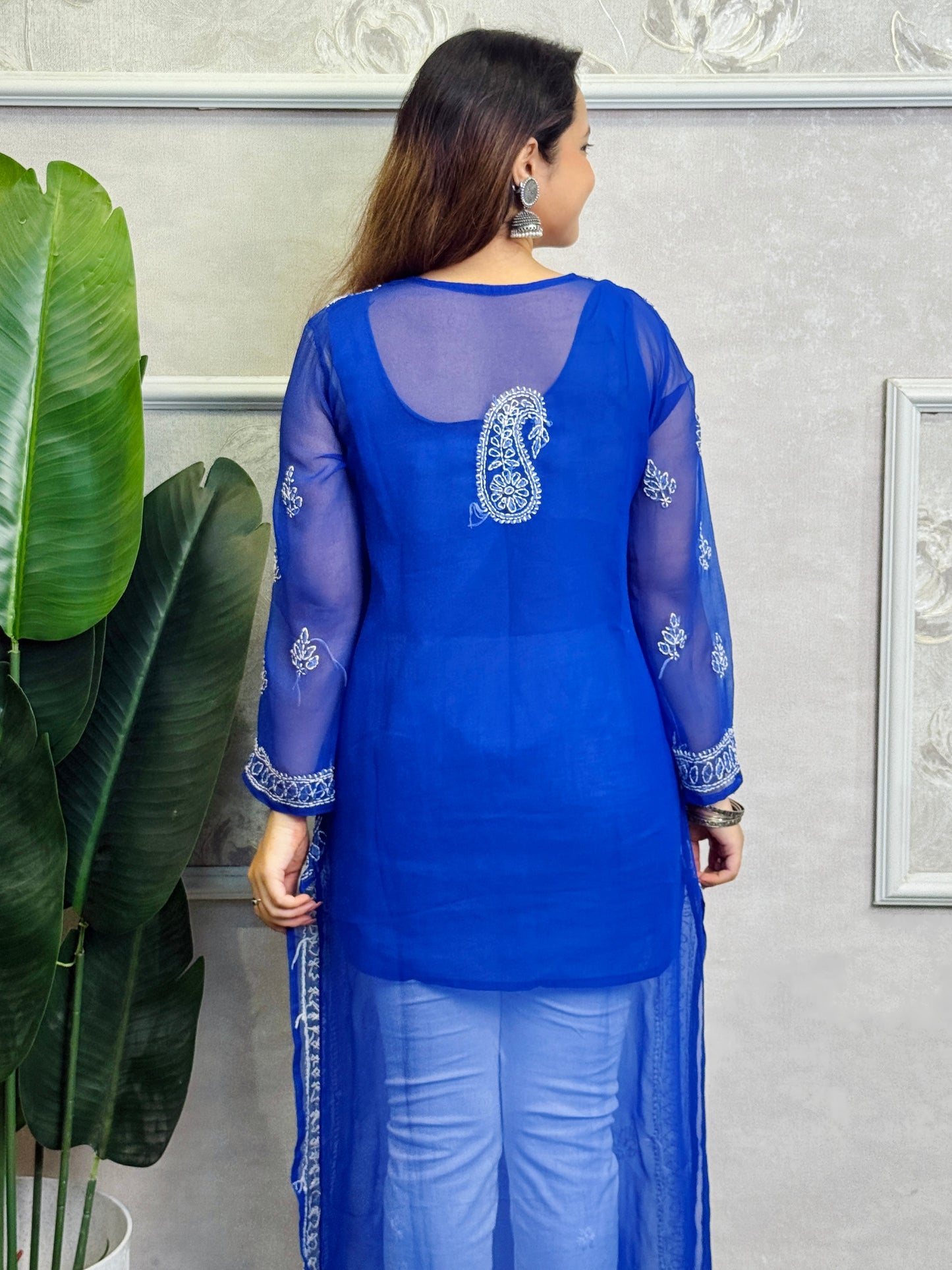Royal Blue Lucknow Chikankari georgette kurta with hand embroidery