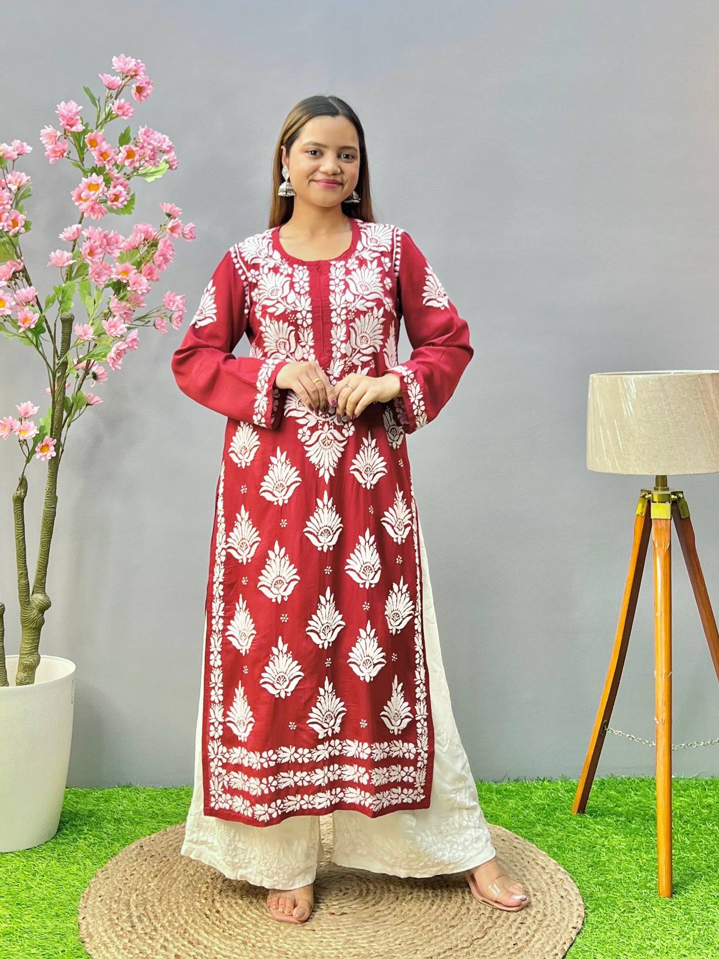 Maroon modal fabric chikankari kurta with white embroidery