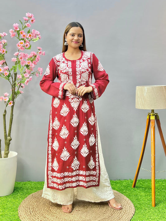 Maroon modal fabric chikankari kurta with white embroidery