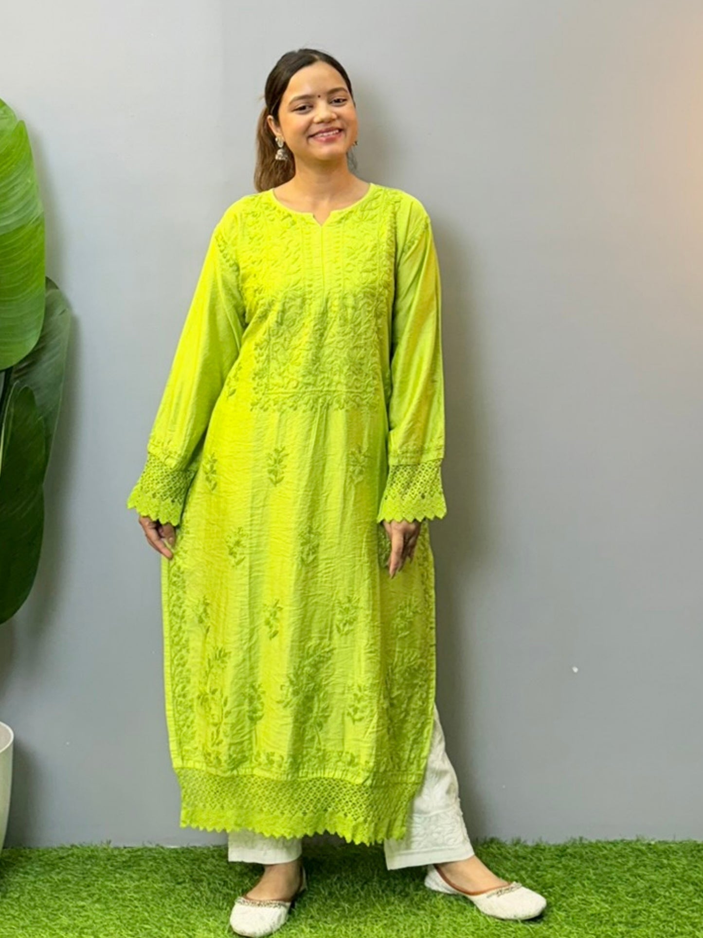 Lime green chanderi chikankari kurta with lace and hand embroidery