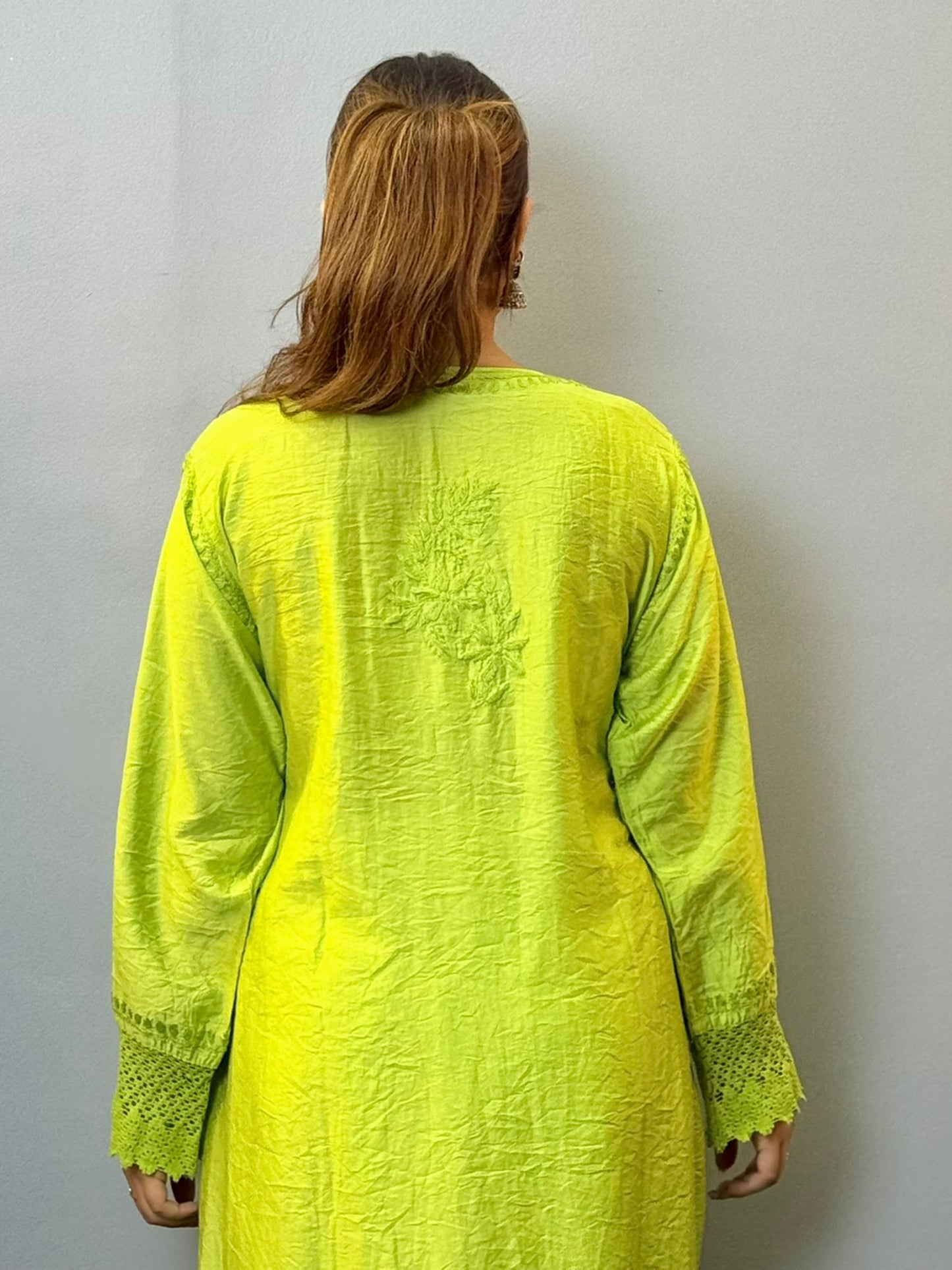 Lime green chanderi chikankari kurta with lace and hand embroidery