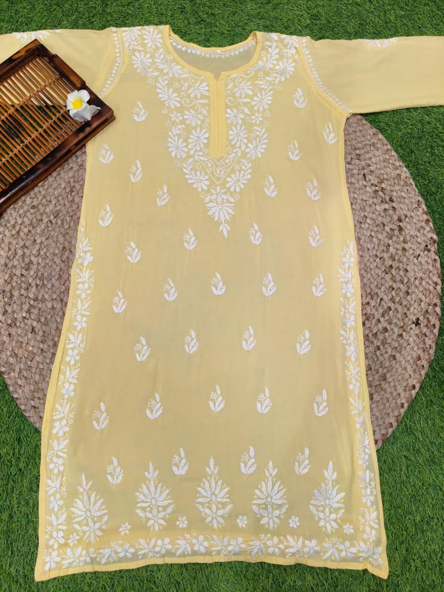 Yellow modal Lucknow Chikankari kurta with white hand embroidery – soft and premium quality