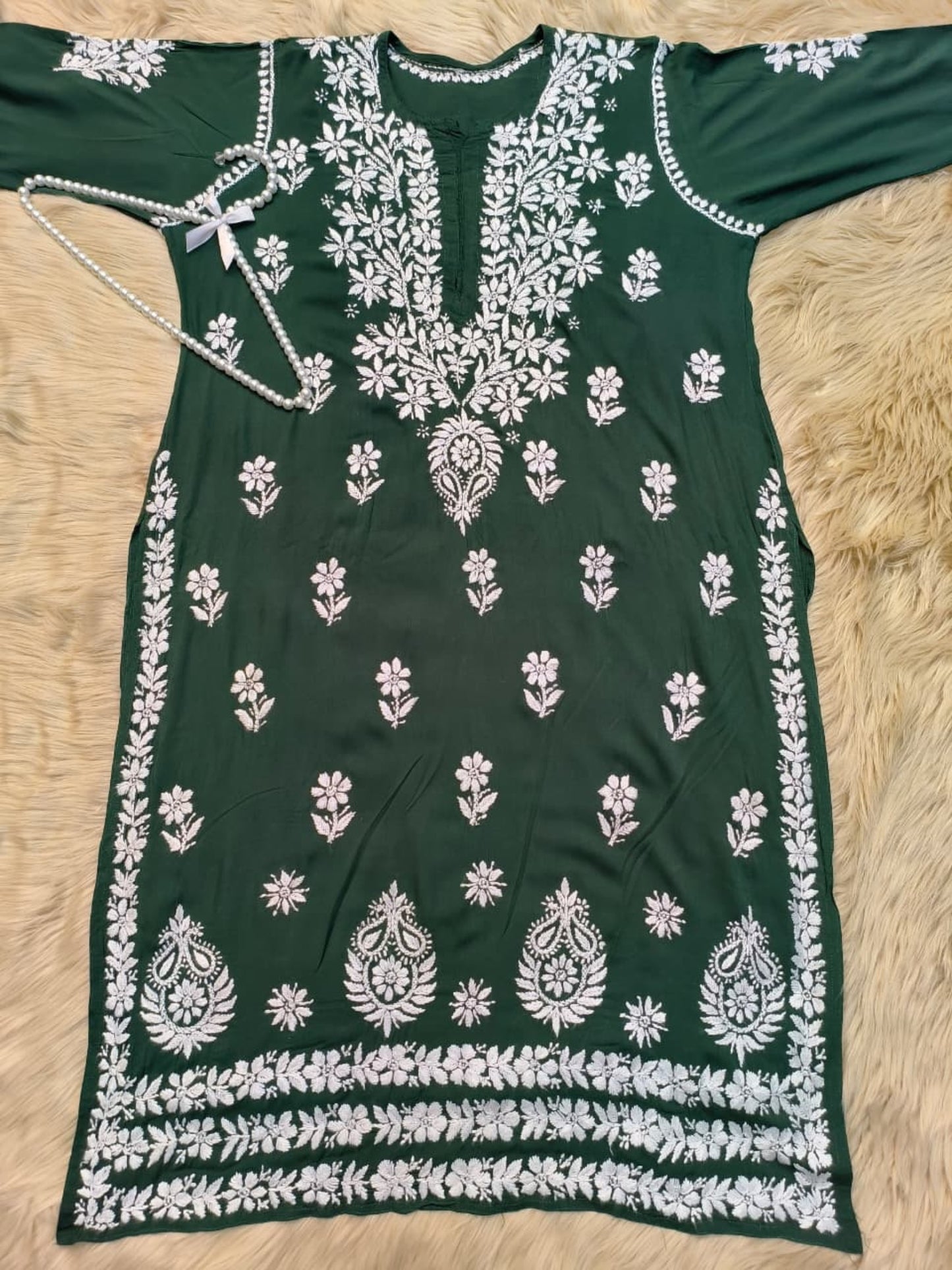 Green Lucknow Chikankari modal kurta with white hand embroidery – elegant and comfortable ethnic wear