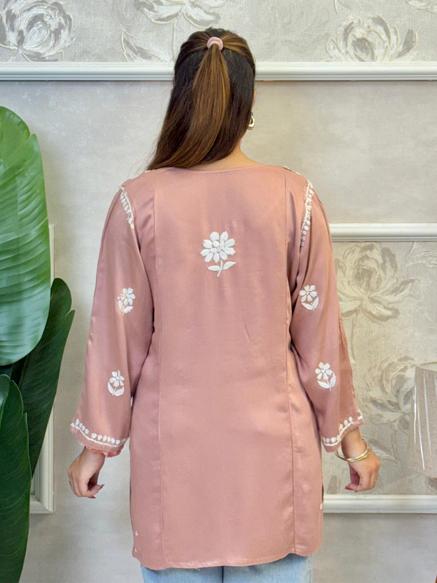 Dusty pink satin short kurta with hand-embroidered Lucknow Chikankari work