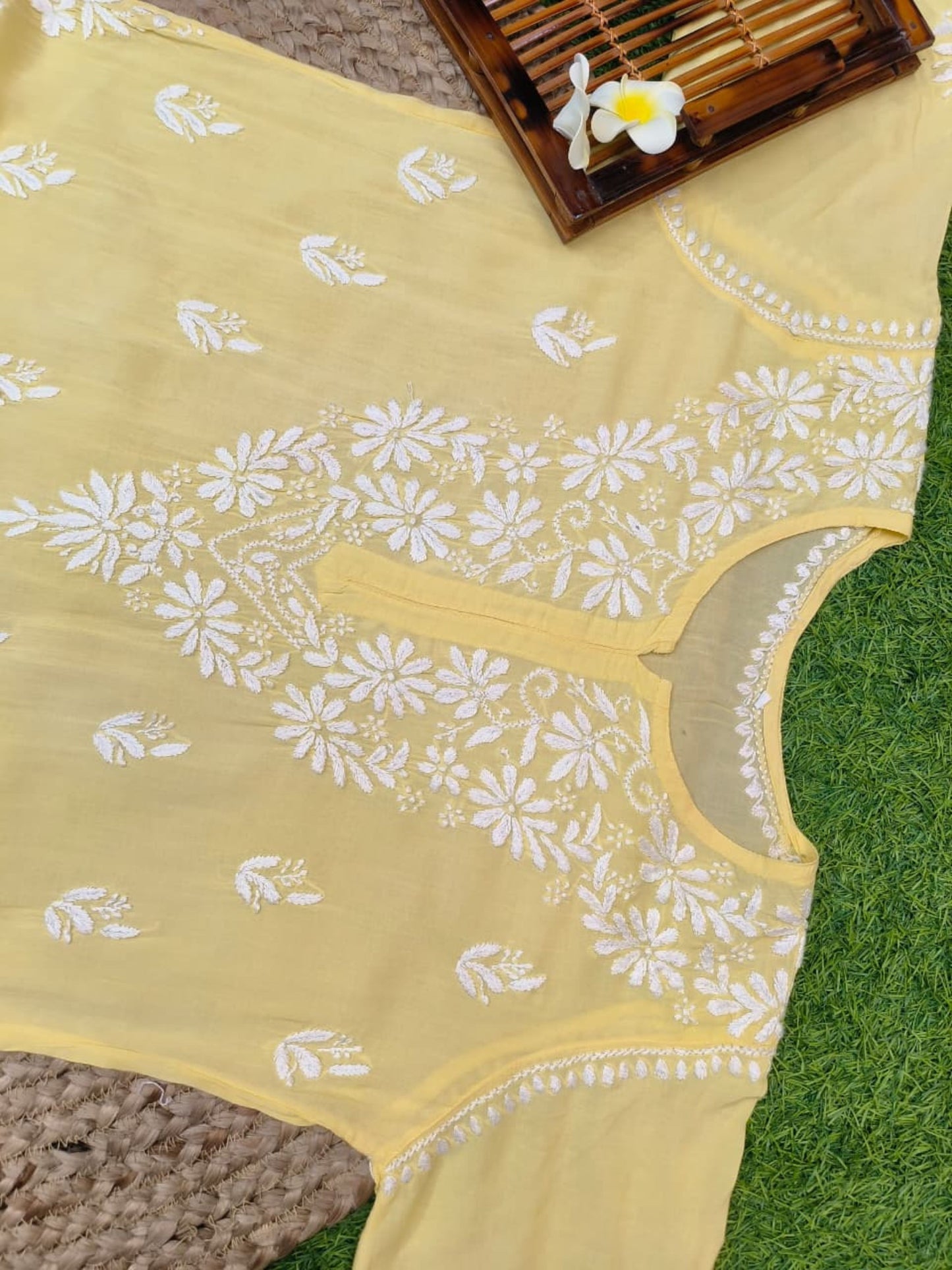 Yellow modal Lucknow Chikankari kurta with white hand embroidery – soft and premium quality