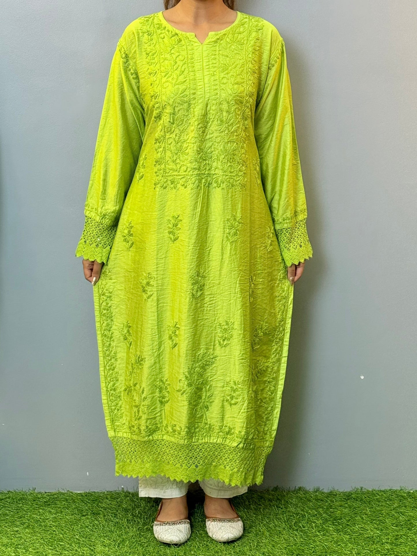 Lime green chanderi chikankari kurta with lace and hand embroidery