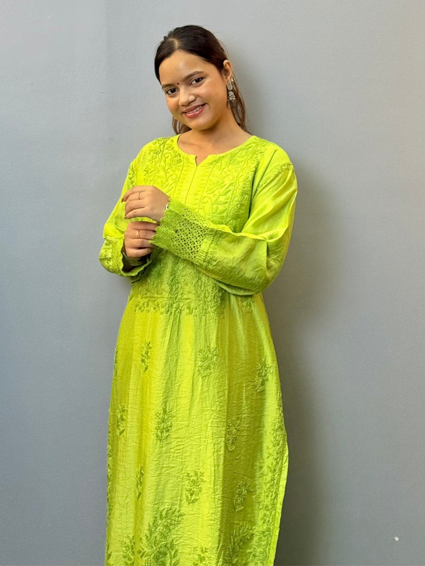 Lime green chanderi chikankari kurta with lace and hand embroidery