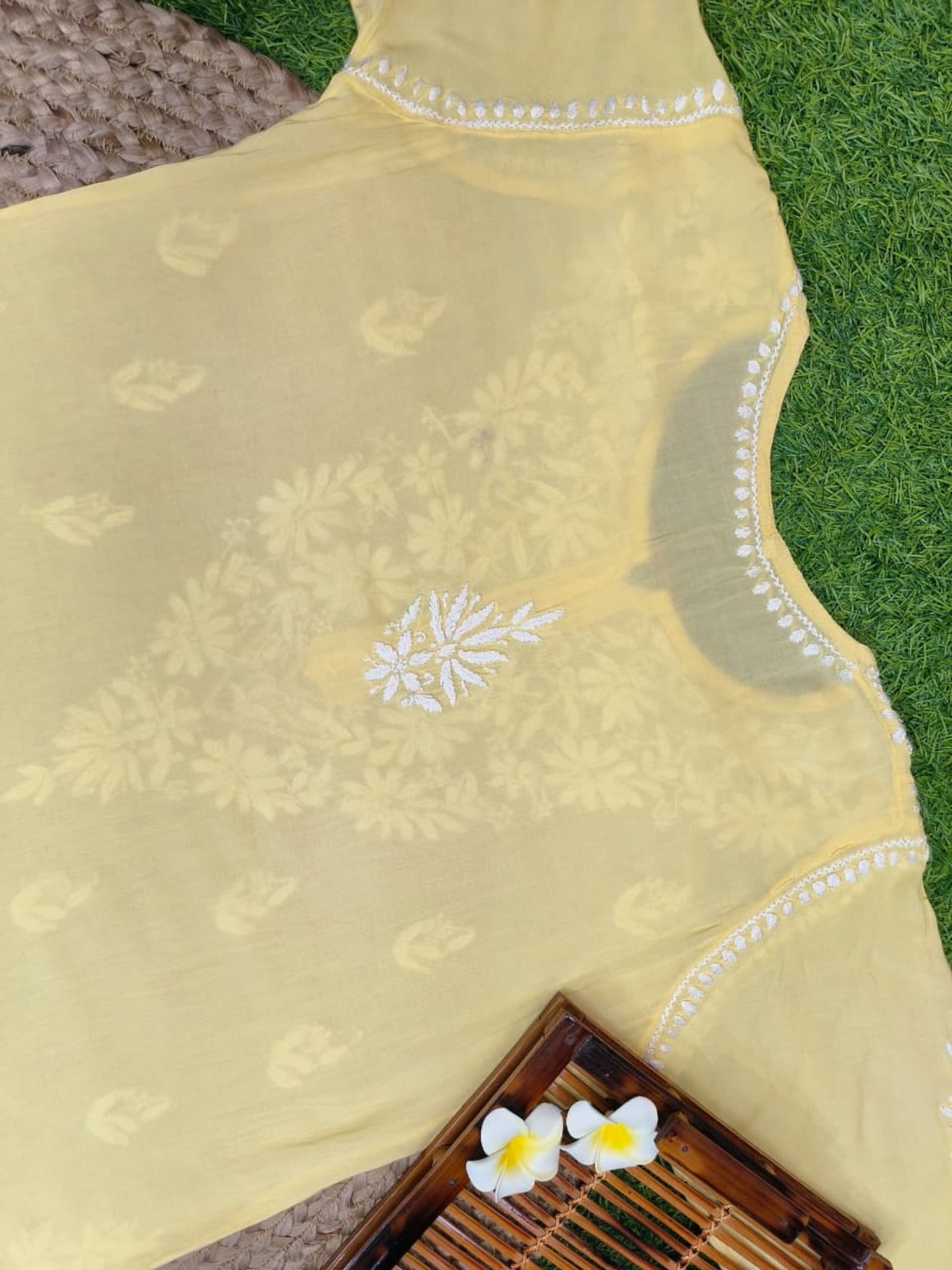 Yellow modal Lucknow Chikankari kurta with white hand embroidery – soft and premium quality