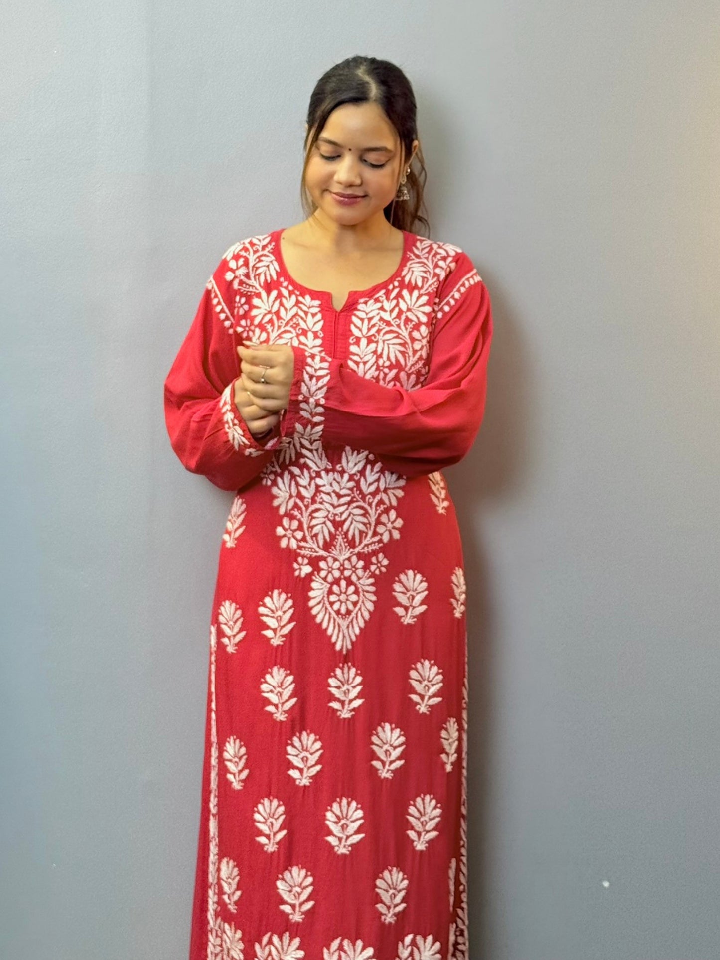 Deep rose red modal chikankari kurta with white embroidery and lace hem