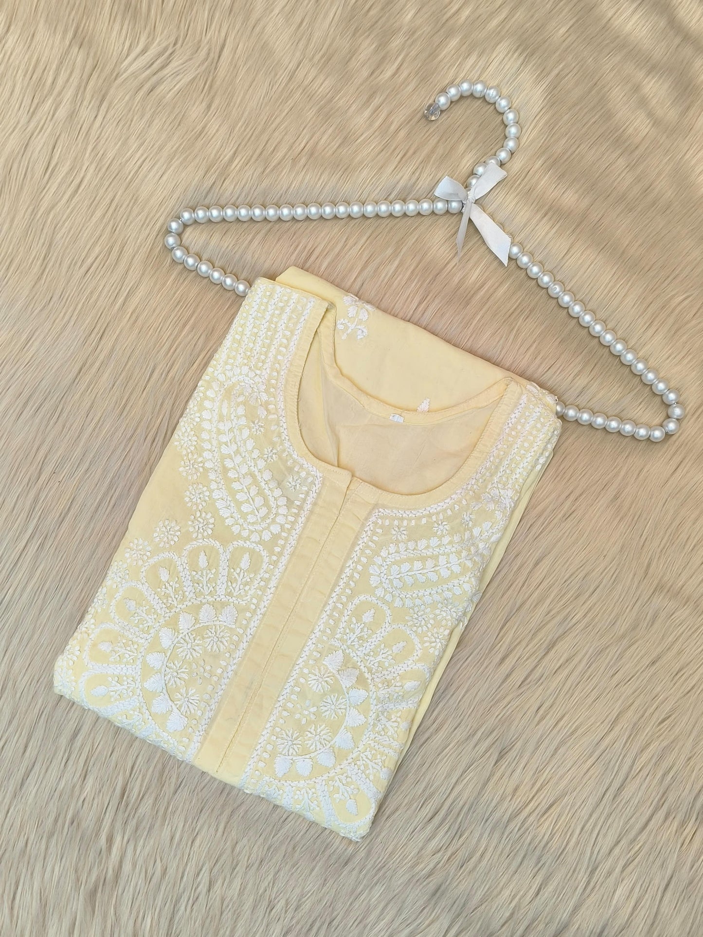 Pastel Lemon Cotton Chikankari Kurta – Hand Embroidered Elegance