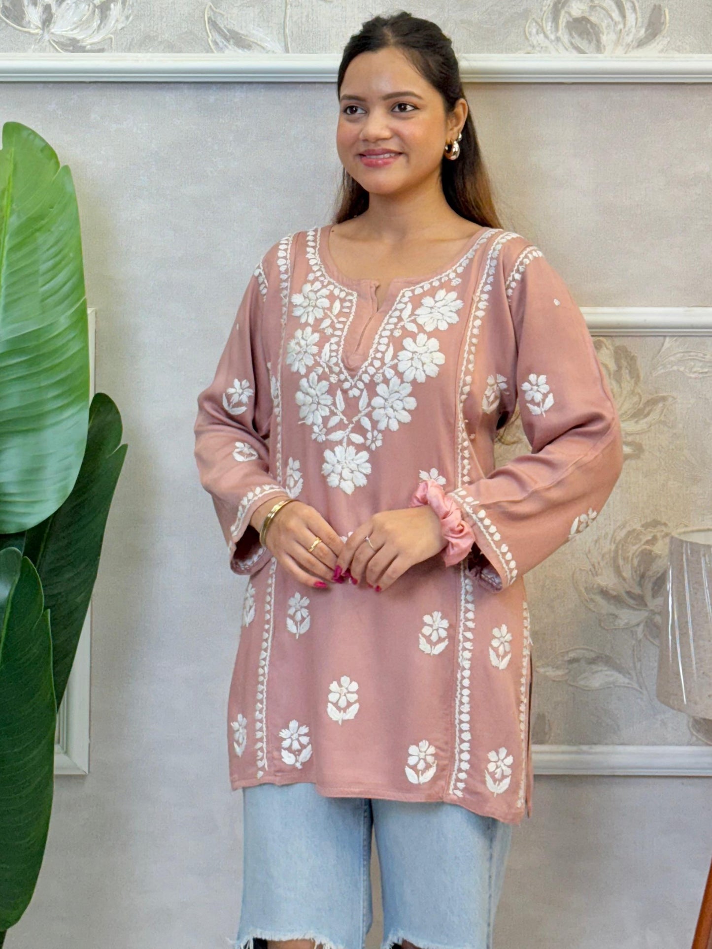 Dusty pink satin short kurta with hand-embroidered Lucknow Chikankari work