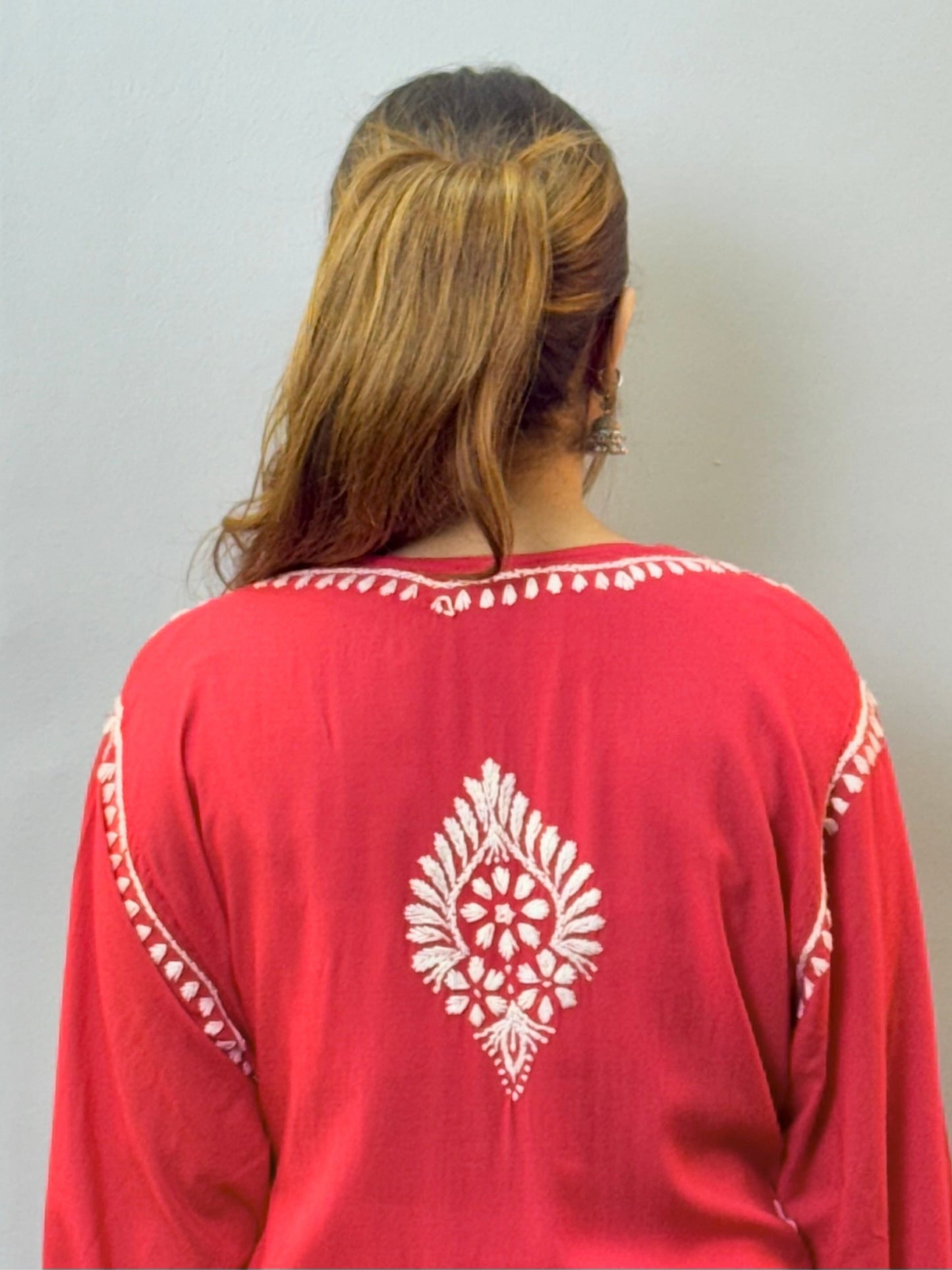 Deep rose red modal chikankari kurta with white embroidery and lace hem