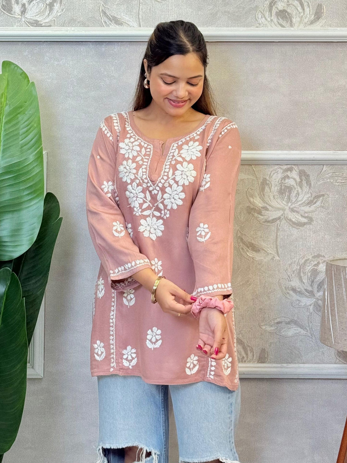 Dusty pink satin short kurta with hand-embroidered Lucknow Chikankari work