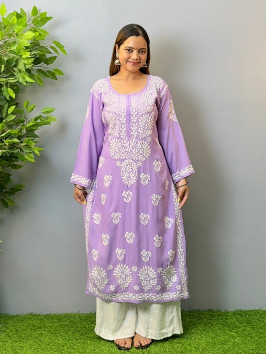 Woman wearing orchid purple rayon chikankari kurta with white embroidery