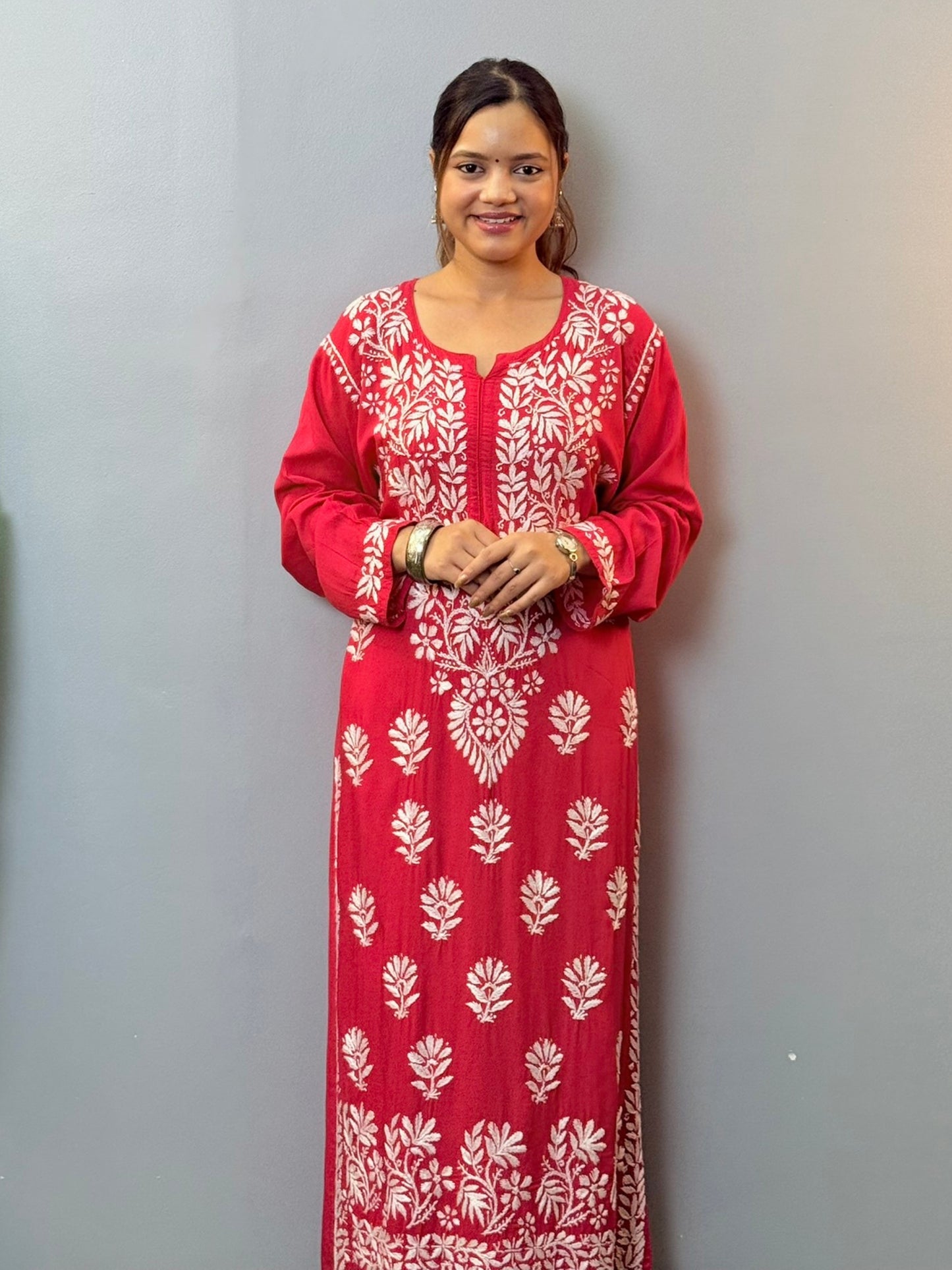 Deep rose red modal chikankari kurta with white embroidery and lace hem