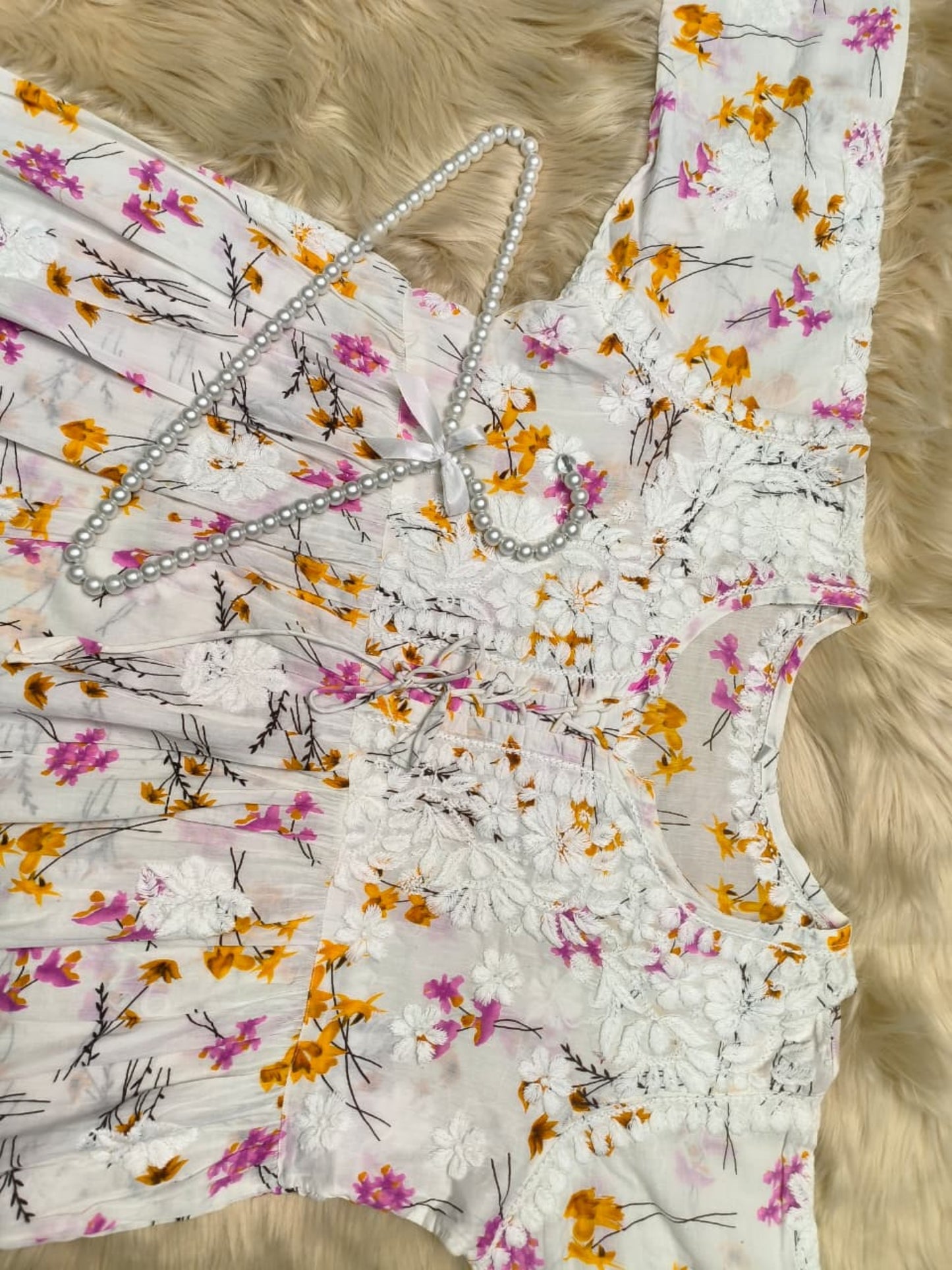 Printed white floral mulmul long frock with chikankari hand embroidery