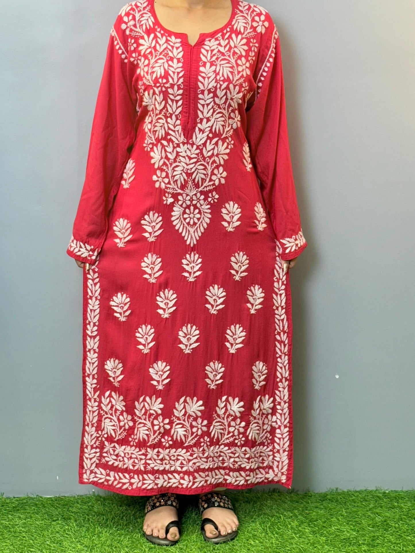 Deep rose red modal chikankari kurta with white embroidery and lace hem