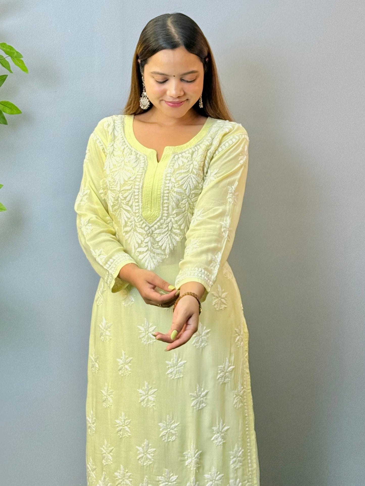Yellow Lucknow Chikankari Kurta in modal fabric with white hand embroidery