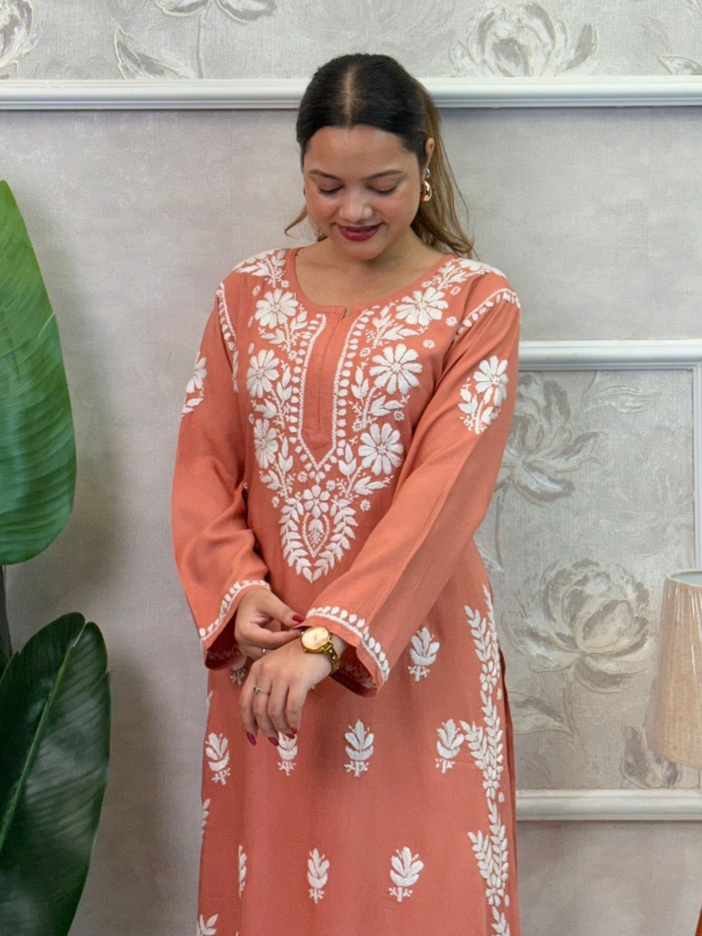 Peach rayon chikankari kurta and Afghani pant set with white hand embroidery – soft and comfortable