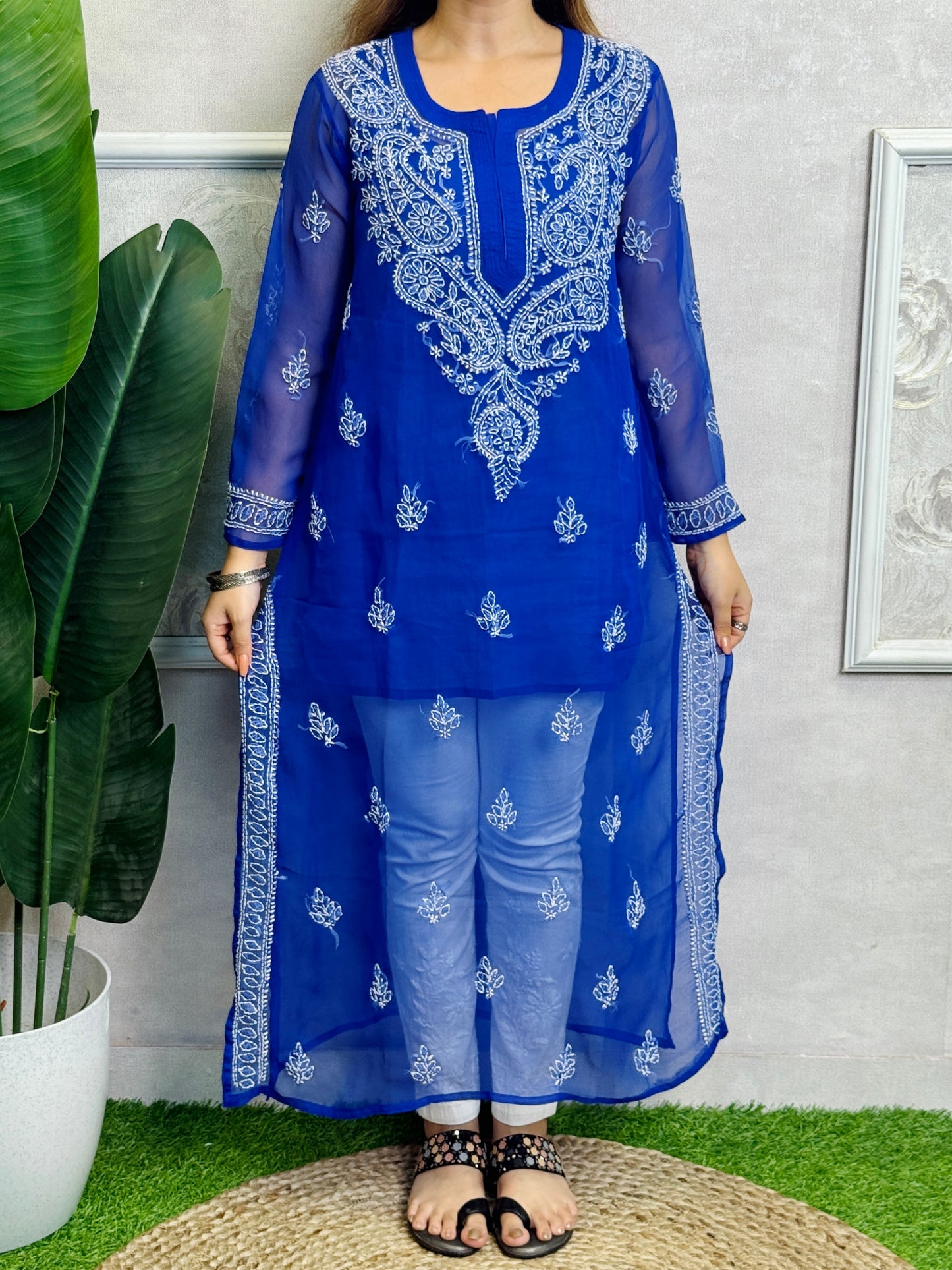 Royal Blue Lucknow Chikankari georgette kurta with hand embroidery