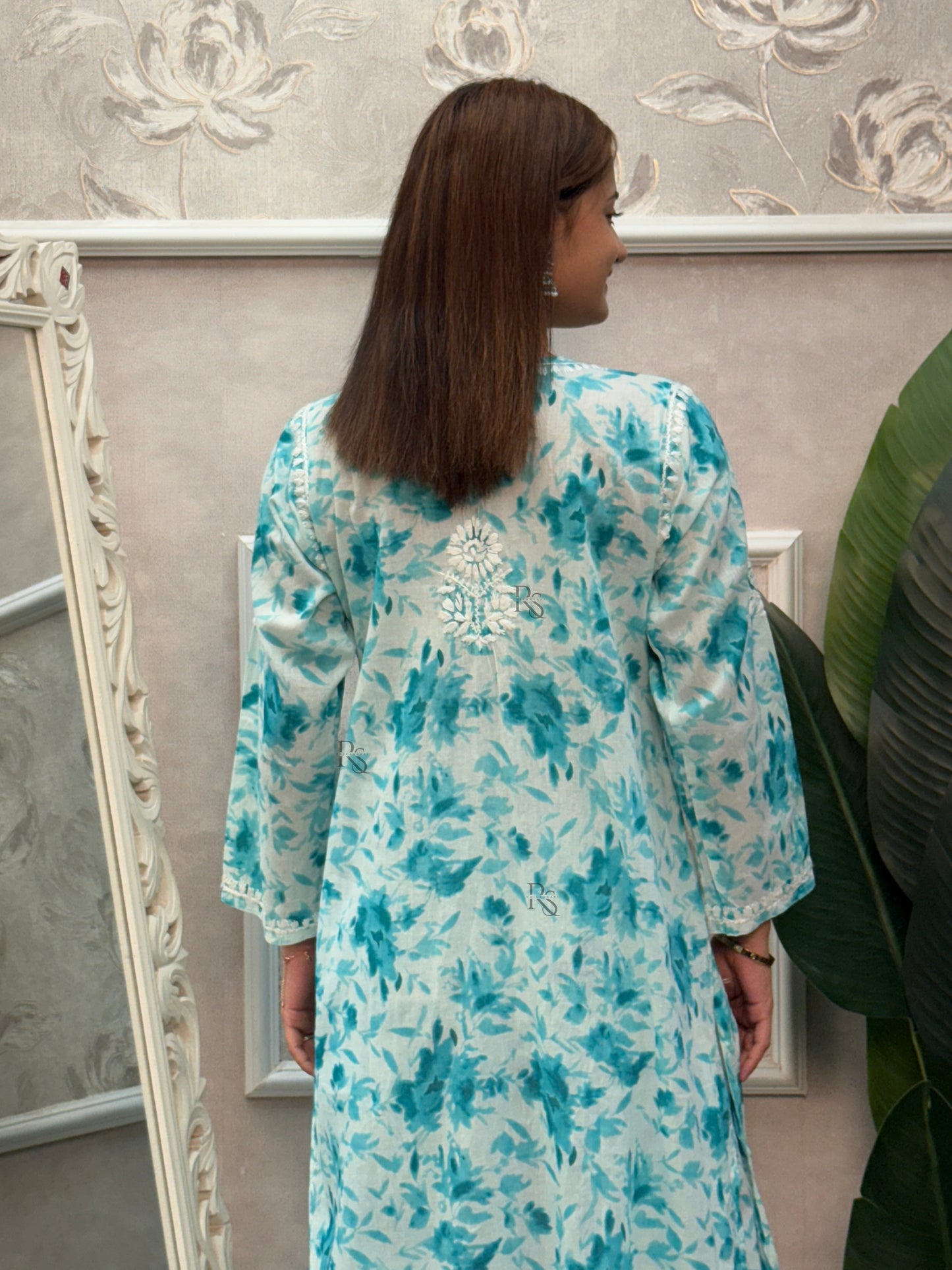 Aqua blue printed Lucknow Chikankari kurta and palazzo set in mulmul fabric with hand embroidery