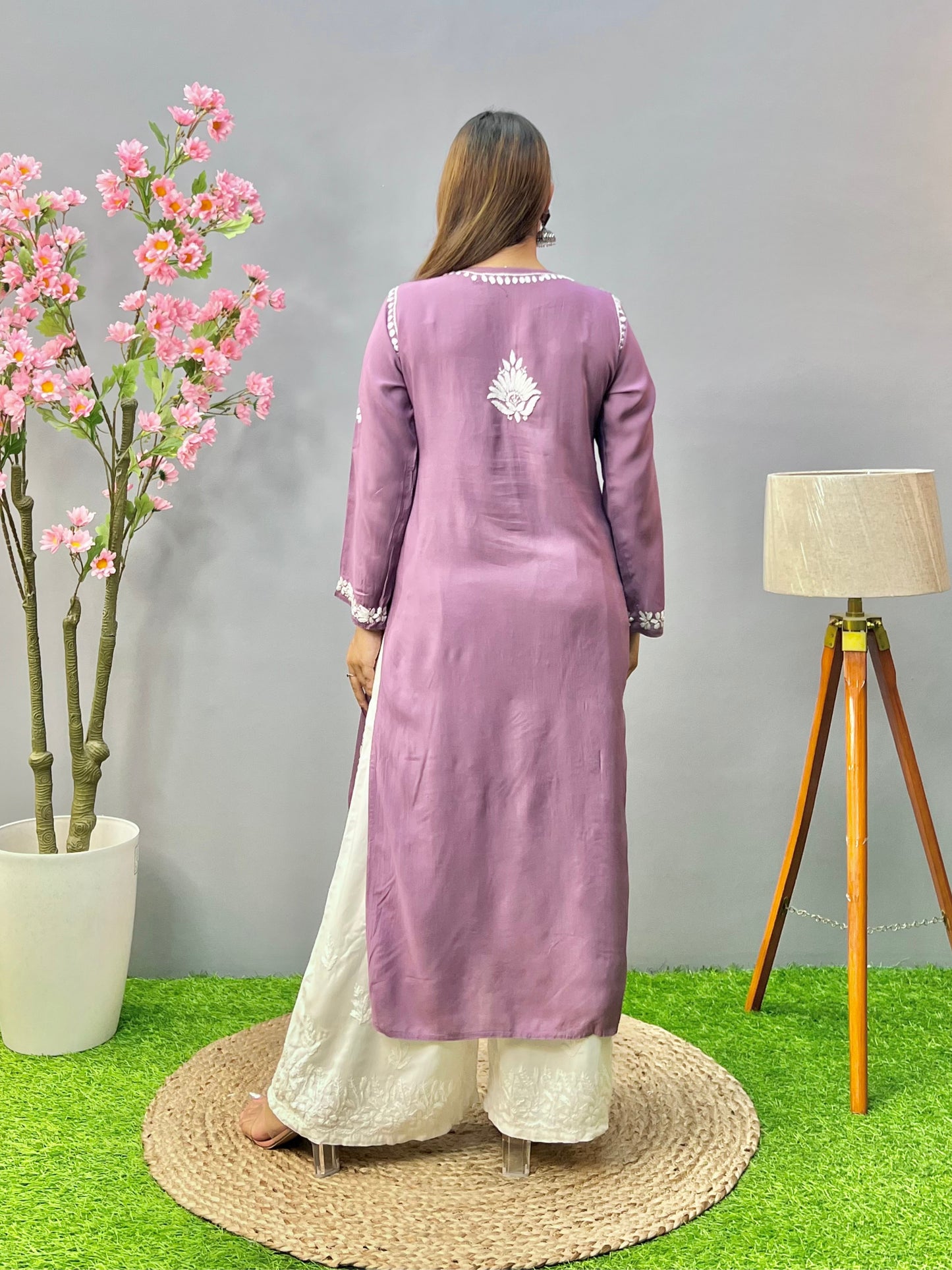 Lavender modal fabric chikankari kurta with white embroidery