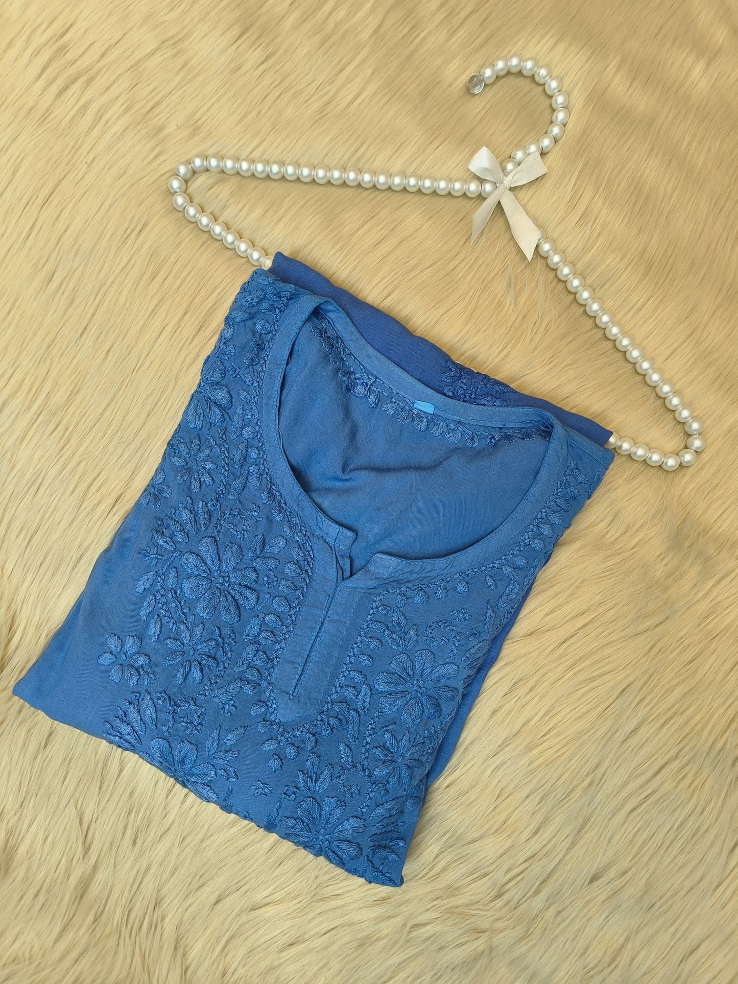 Royal blue short rayon chikankari kurta with tone-on-tone hand embroidery and pearl hanger