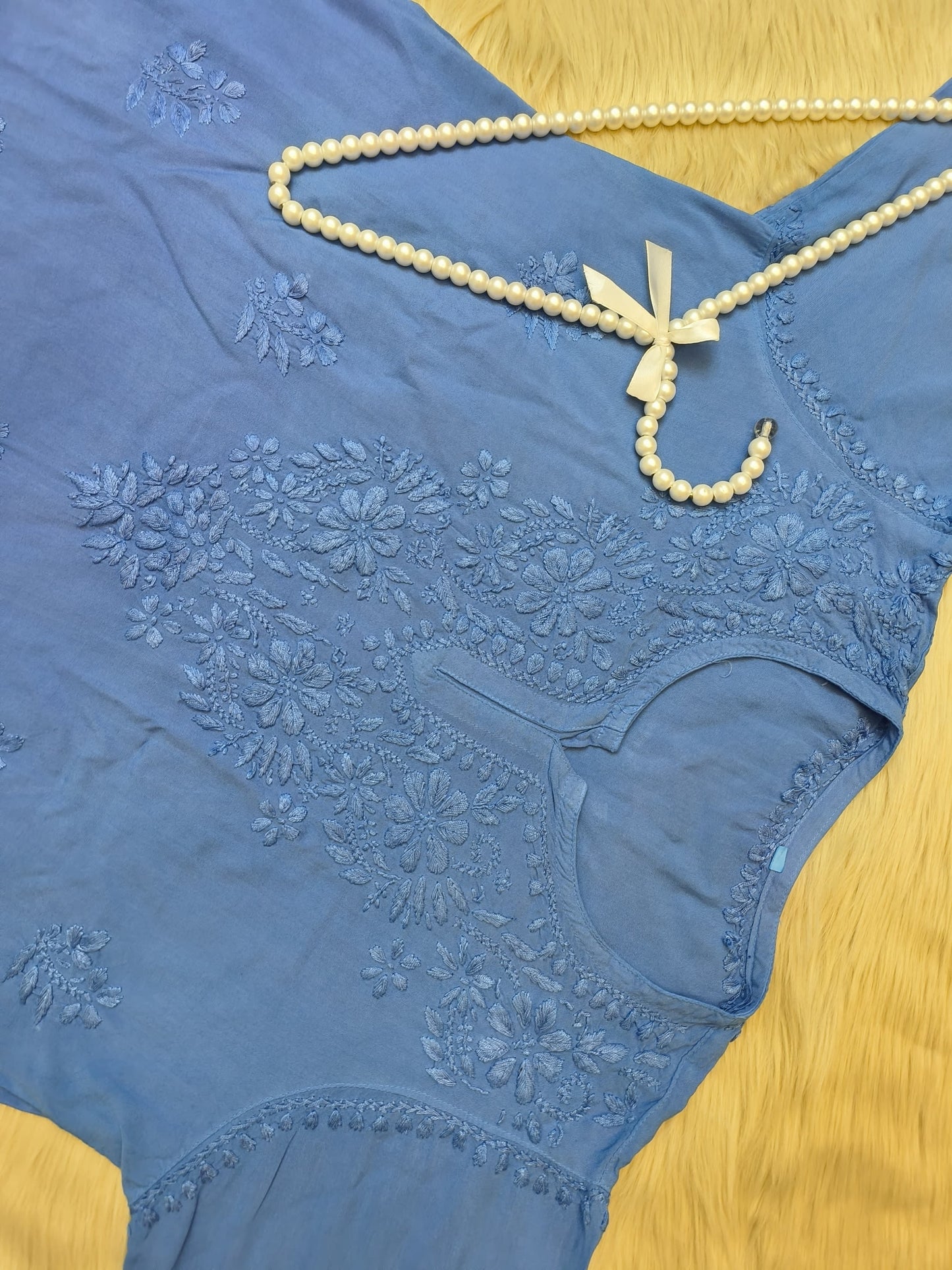Royal blue short rayon chikankari kurta with tone-on-tone hand embroidery and pearl hanger