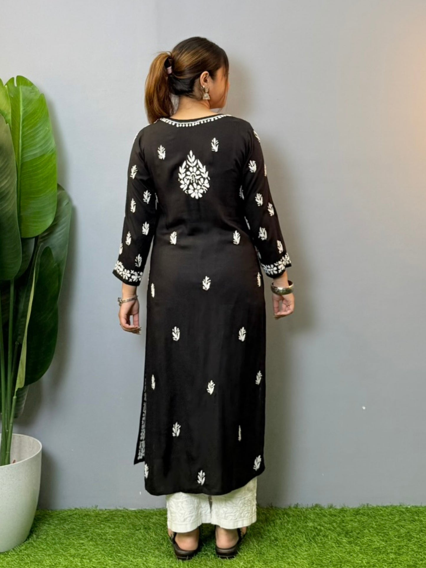 Black modal chikankari kurta with intricate white hand embroidery