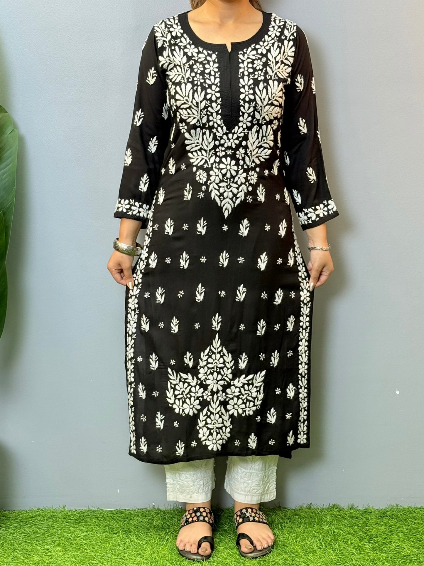 Black modal chikankari kurta with intricate white hand embroidery