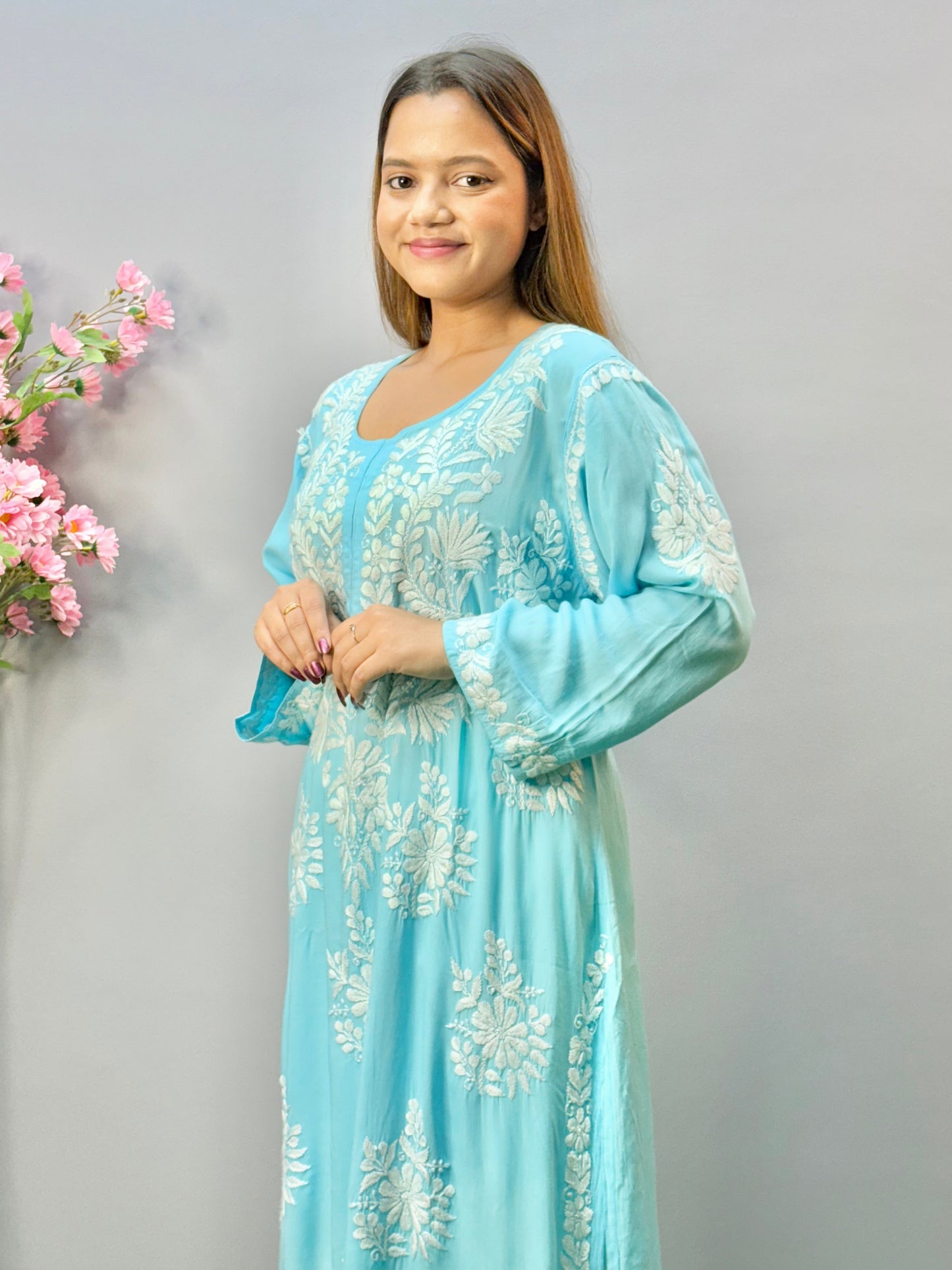 Sky blue modal fabric Chikankari kurta with white Lucknow embroidery