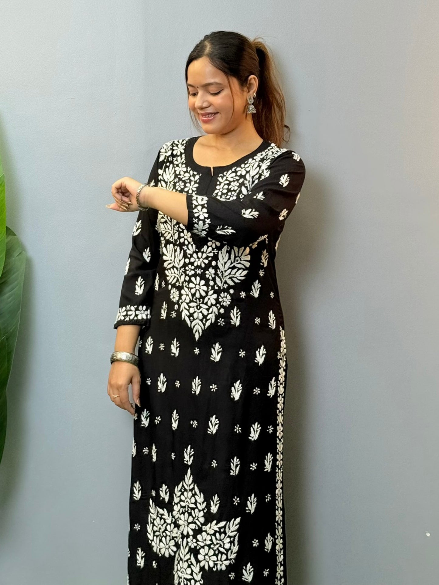 Black modal chikankari kurta with intricate white hand embroidery