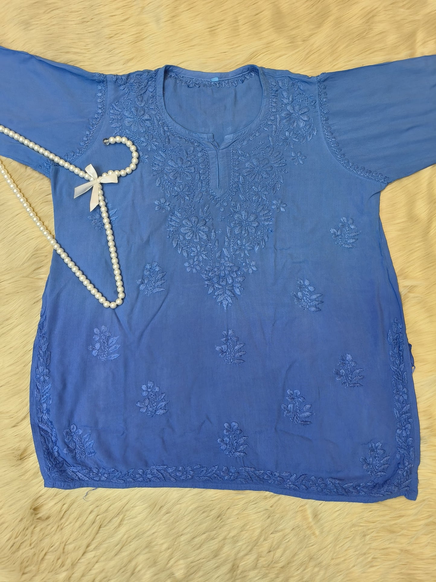 Royal blue short rayon chikankari kurta with tone-on-tone hand embroidery and pearl hanger