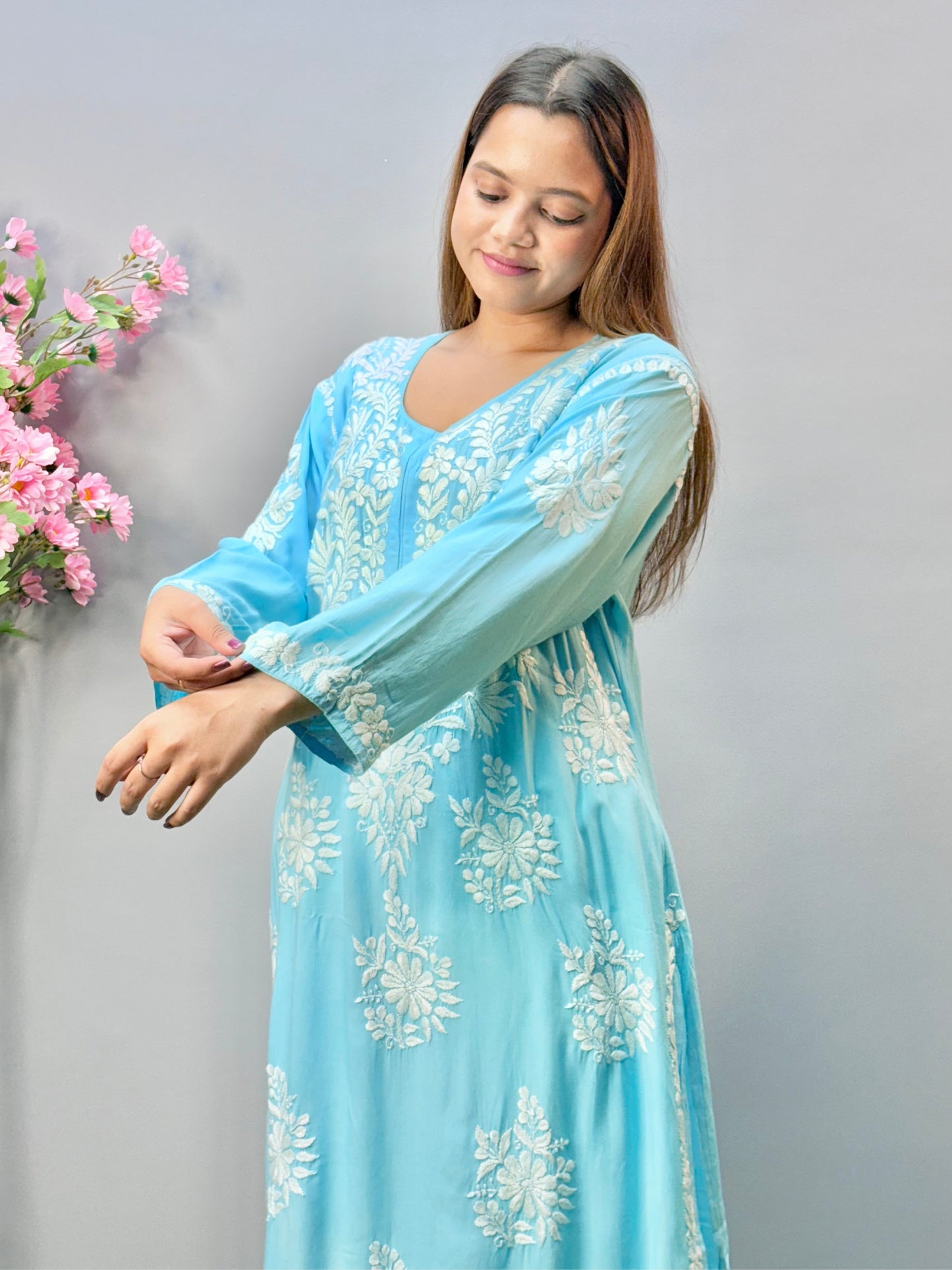 Sky blue modal fabric Chikankari kurta with white Lucknow embroidery
