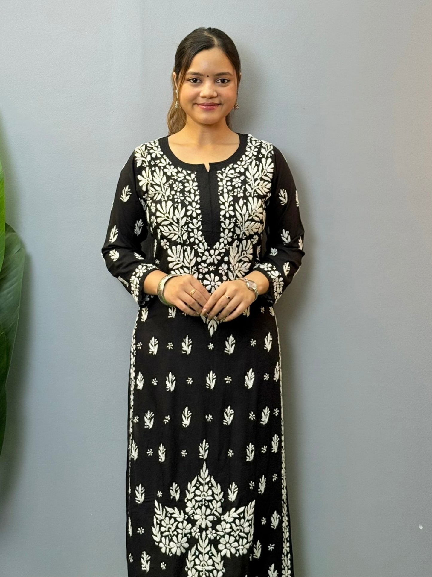 Black modal chikankari kurta with intricate white hand embroidery
