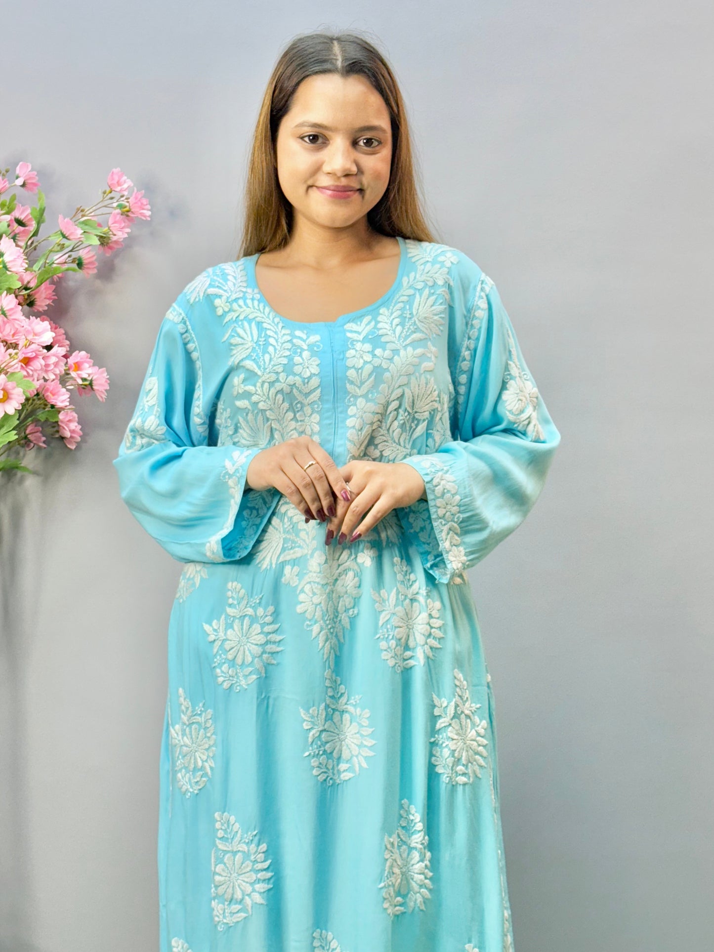 Sky blue modal fabric Chikankari kurta with white Lucknow embroidery
