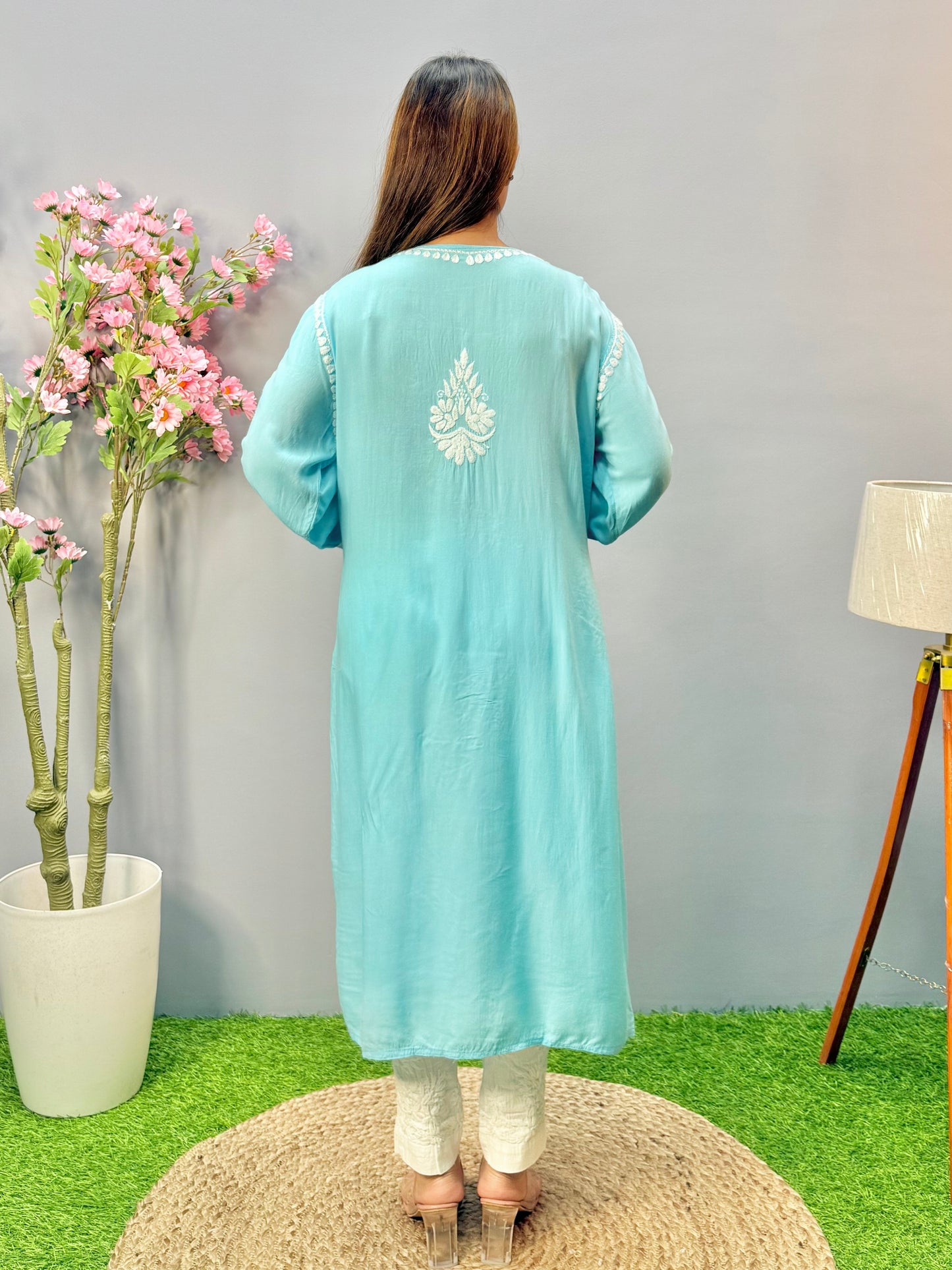 Sky blue modal fabric Chikankari kurta with white Lucknow embroidery