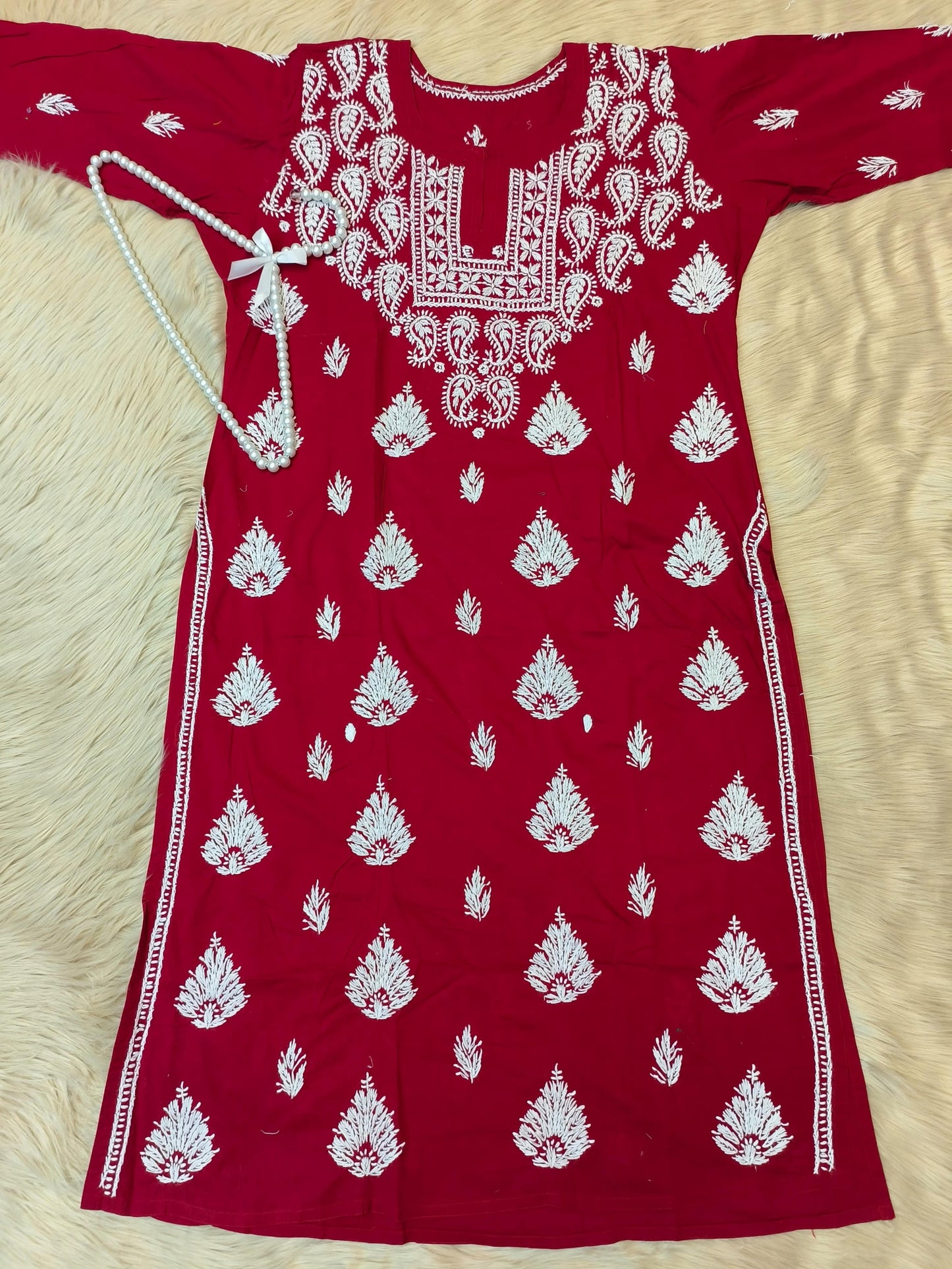 Maroon cotton chikankari kurta with white hand embroidery and paisley motifs