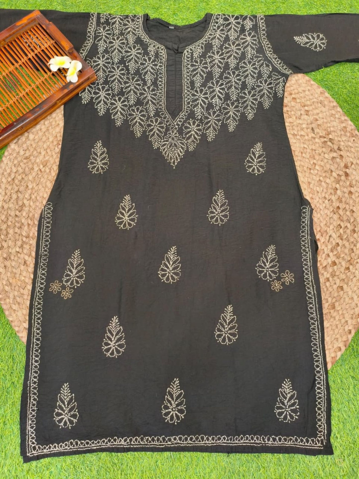 Black Chanderi Bakhiya work Lucknow Chikankari kurta with hand embroidery
