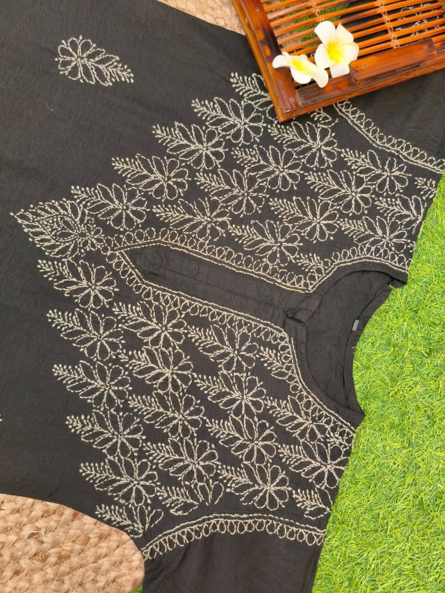 Black Chanderi Bakhiya work Lucknow Chikankari kurta with hand embroidery