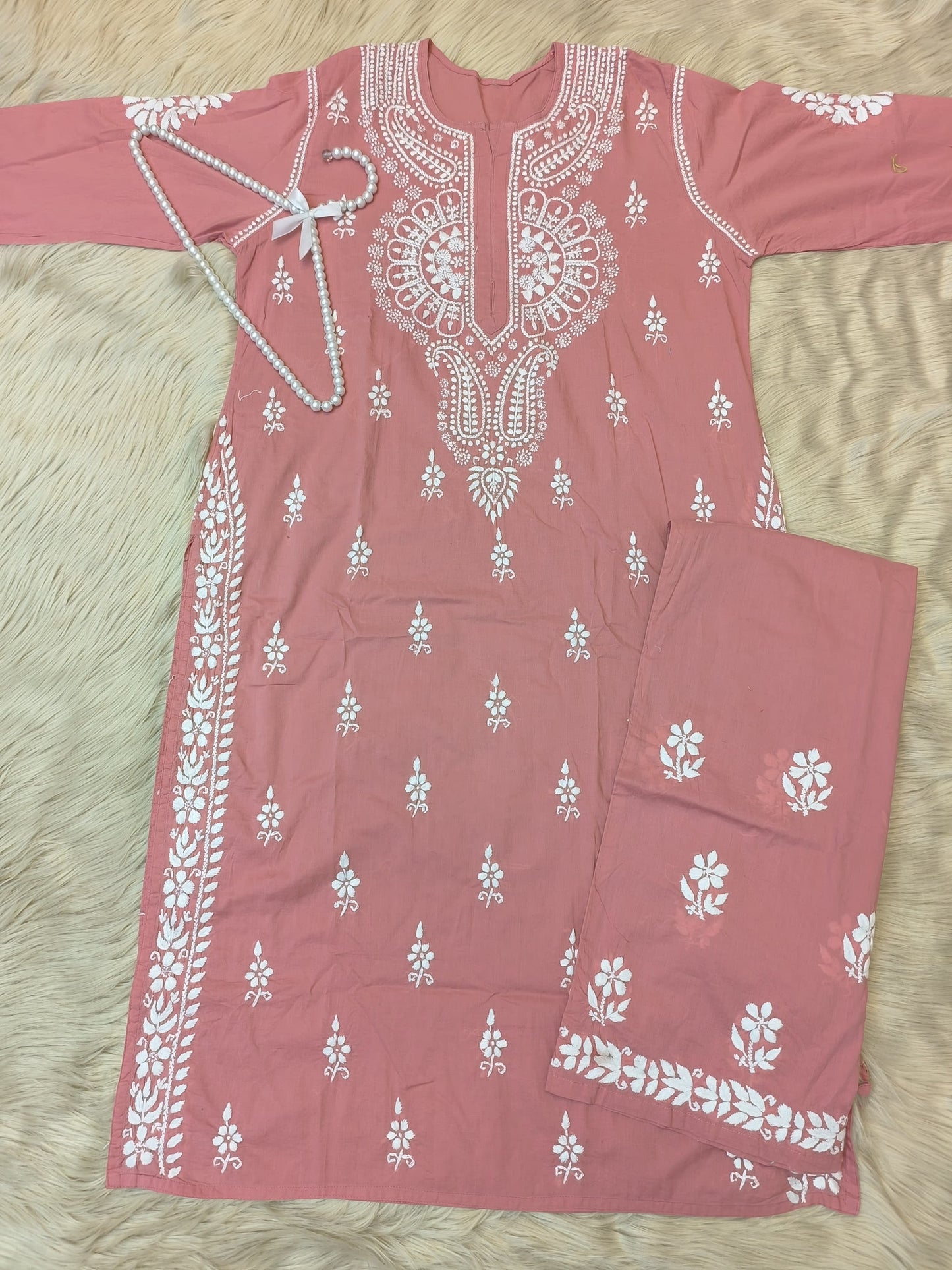 Dusty rose cotton chikankari kurta and palazzo set with white hand embroidery