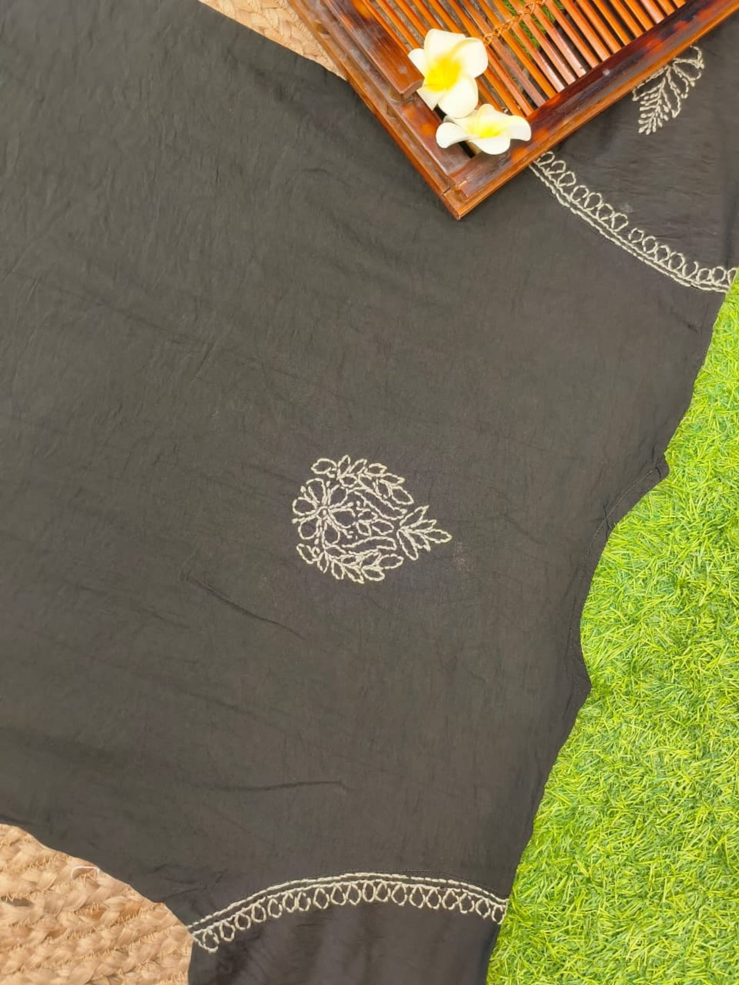 Black Chanderi Bakhiya work Lucknow Chikankari kurta with hand embroidery