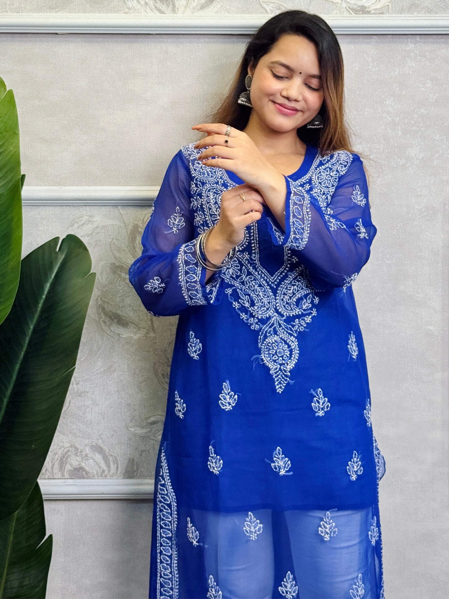 Royal Blue Lucknow Chikankari georgette kurta with hand embroidery