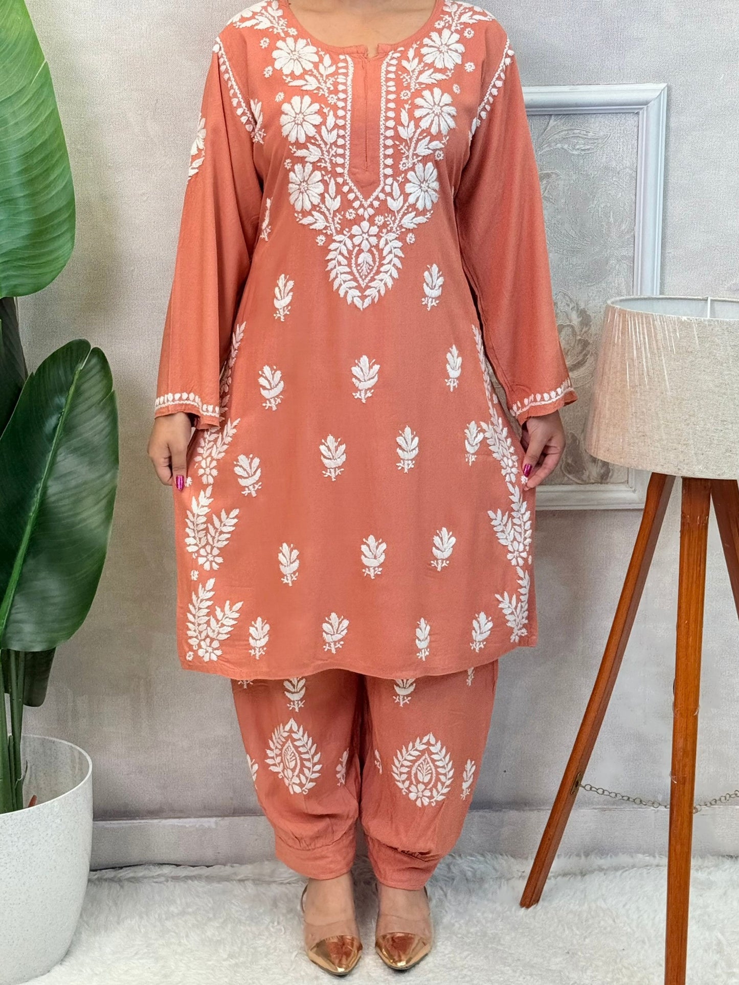 Peach rayon chikankari kurta and Afghani pant set with white hand embroidery – soft and comfortable