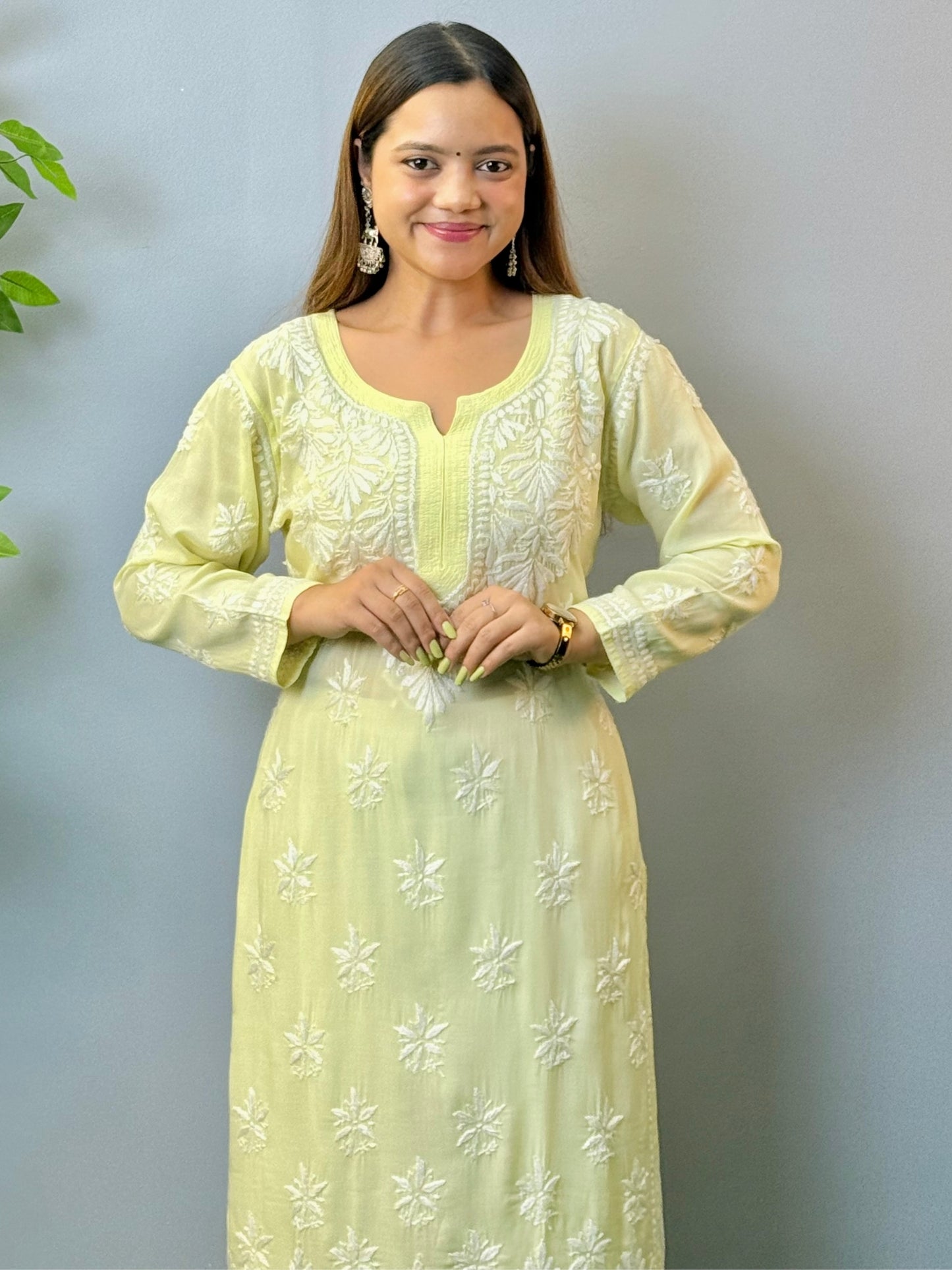 Yellow Lucknow Chikankari Kurta in modal fabric with white hand embroidery