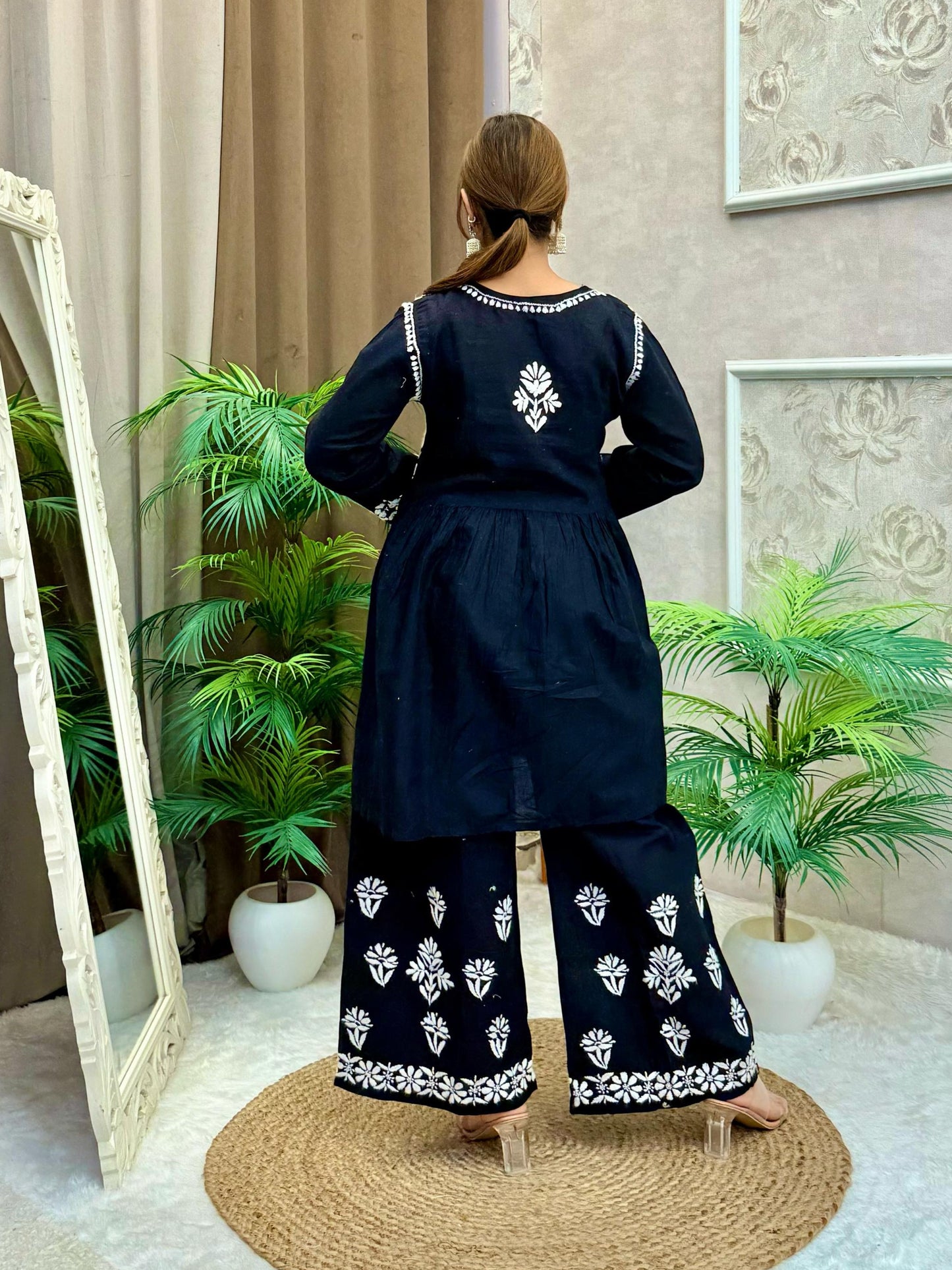 Black cotton Lucknow Chikankari kurta and palazzo set with white embroidery